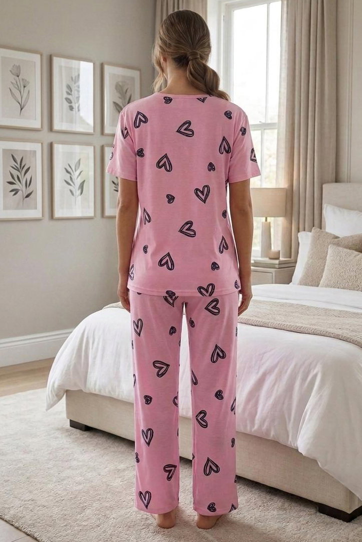 Desenli Fiyonklu Pijama Takımı Pembe - 28805-PEMBE - 2