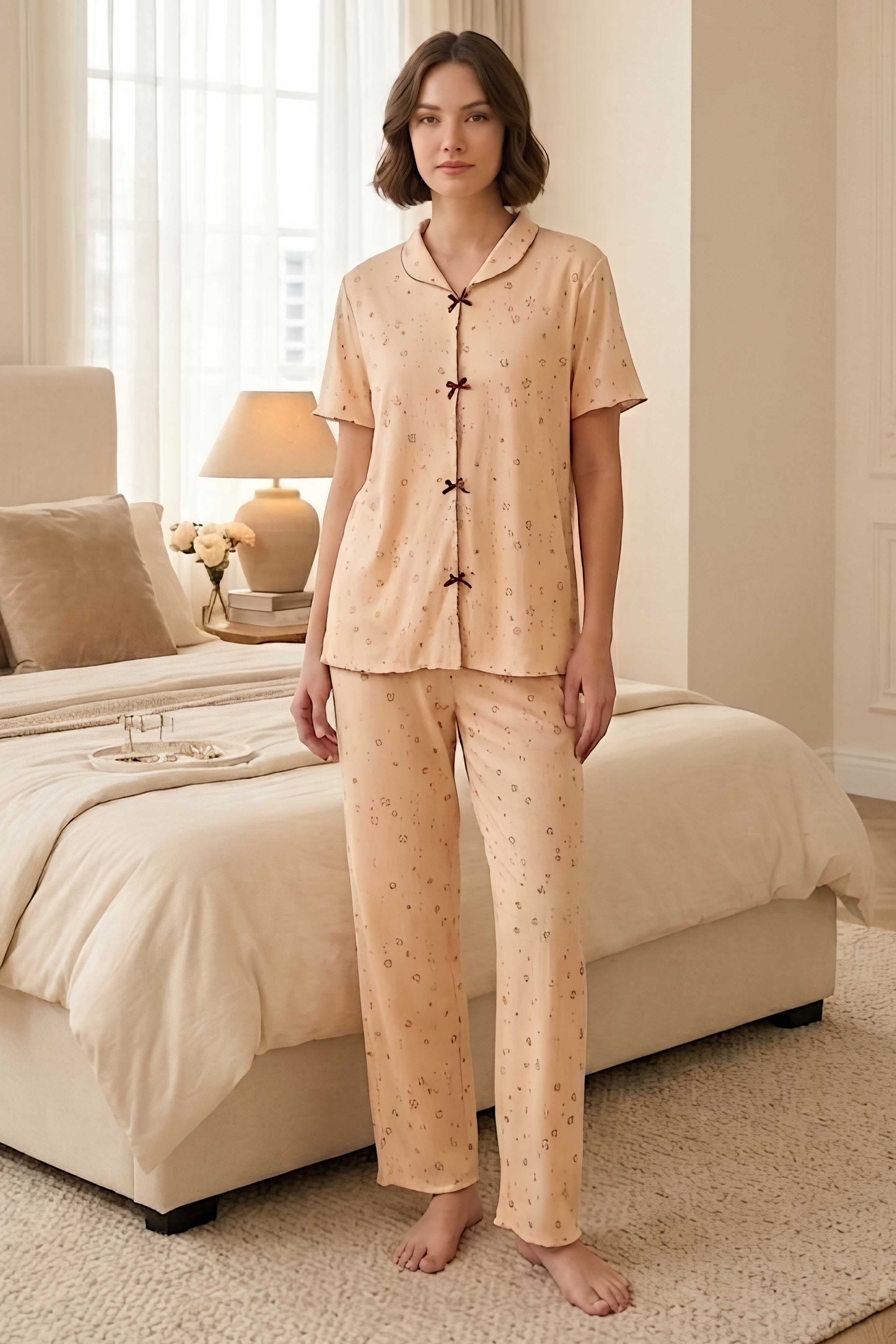Desenli Fiyonklu Pijama Takımı Pudra - 28801-PUDRA - 1
