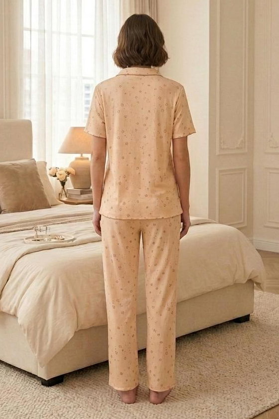 Desenli Fiyonklu Pijama Takımı Pudra - 28801-PUDRA - 2