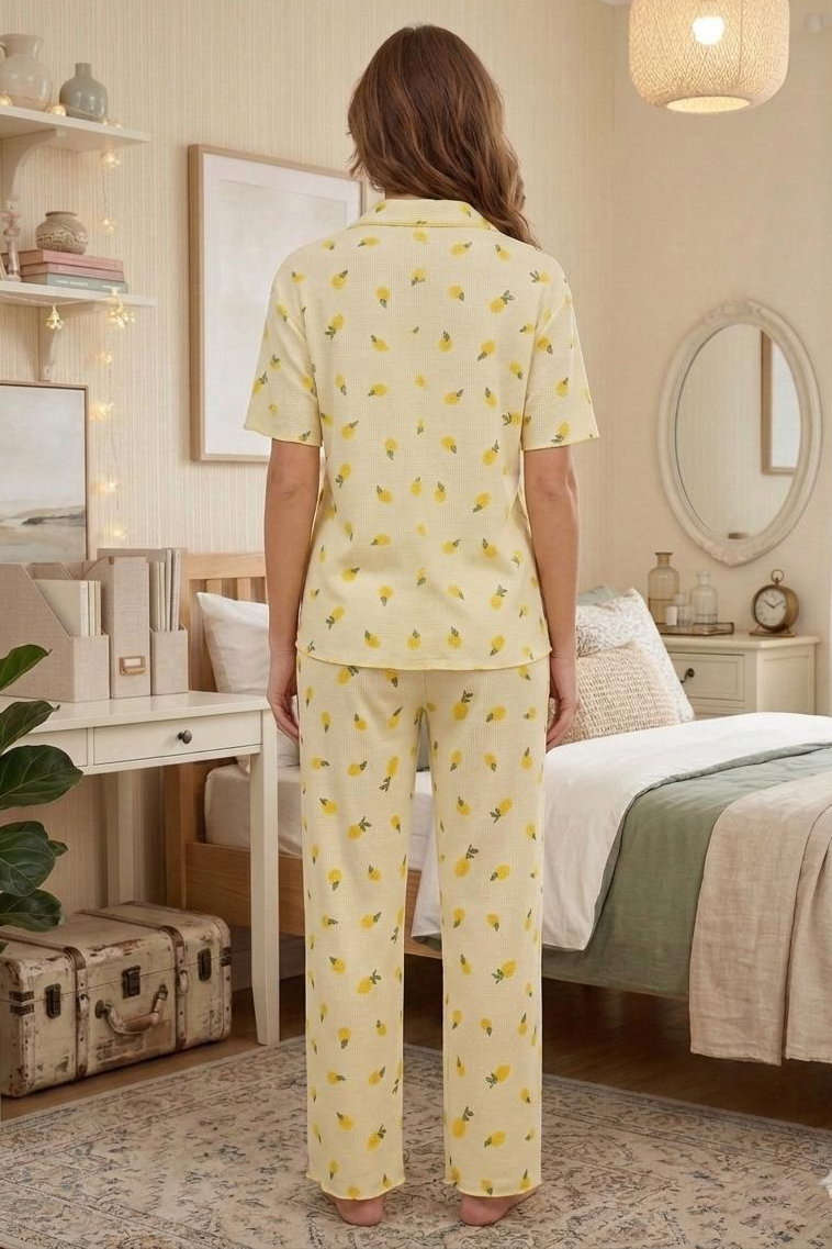 Desenli Fiyonklu Pijama Takımı Sari - 28789-SARI - 2