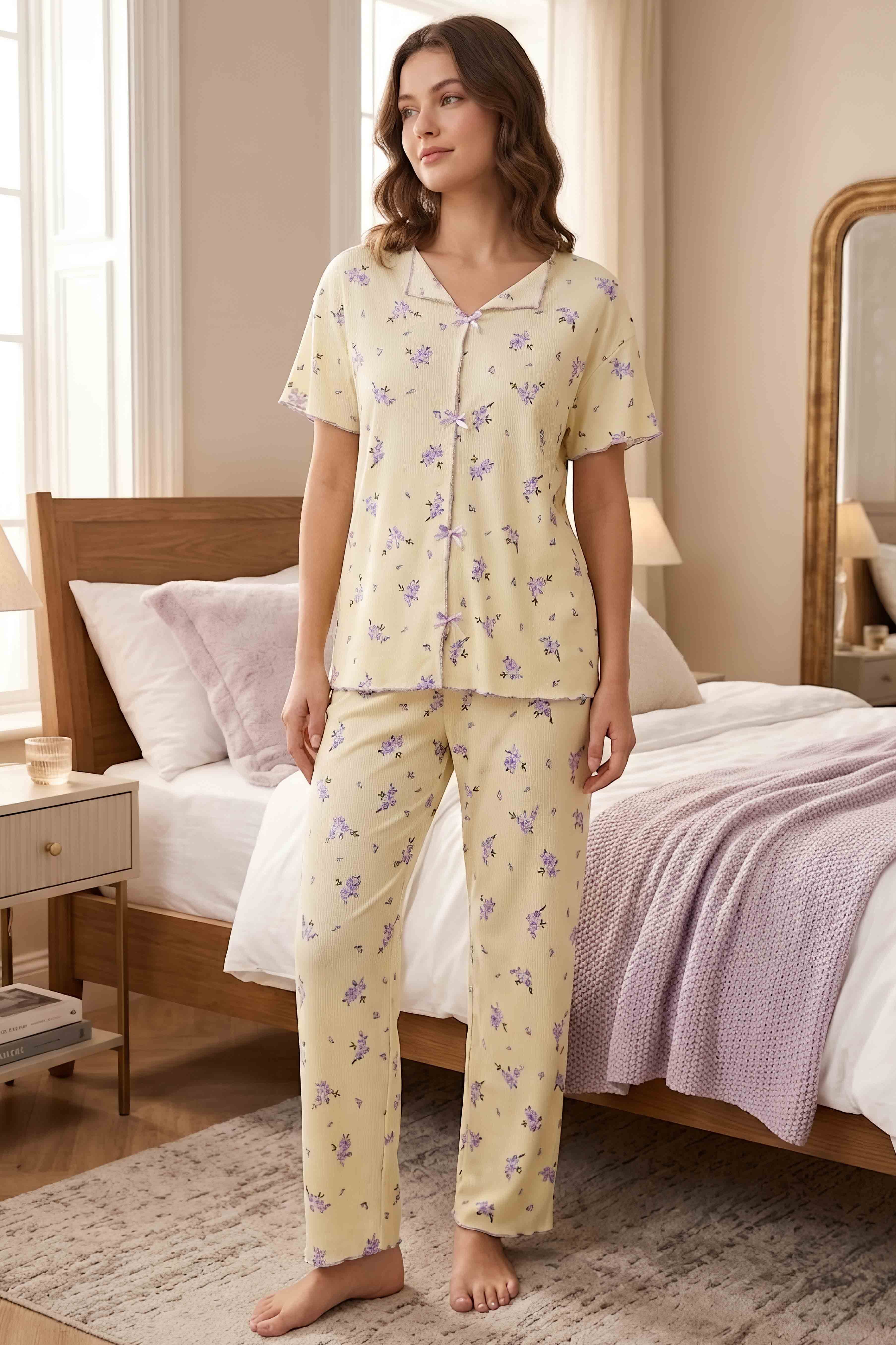 Desenli Fiyonklu Pijama Takımı Sari - 28799-SARI - 1
