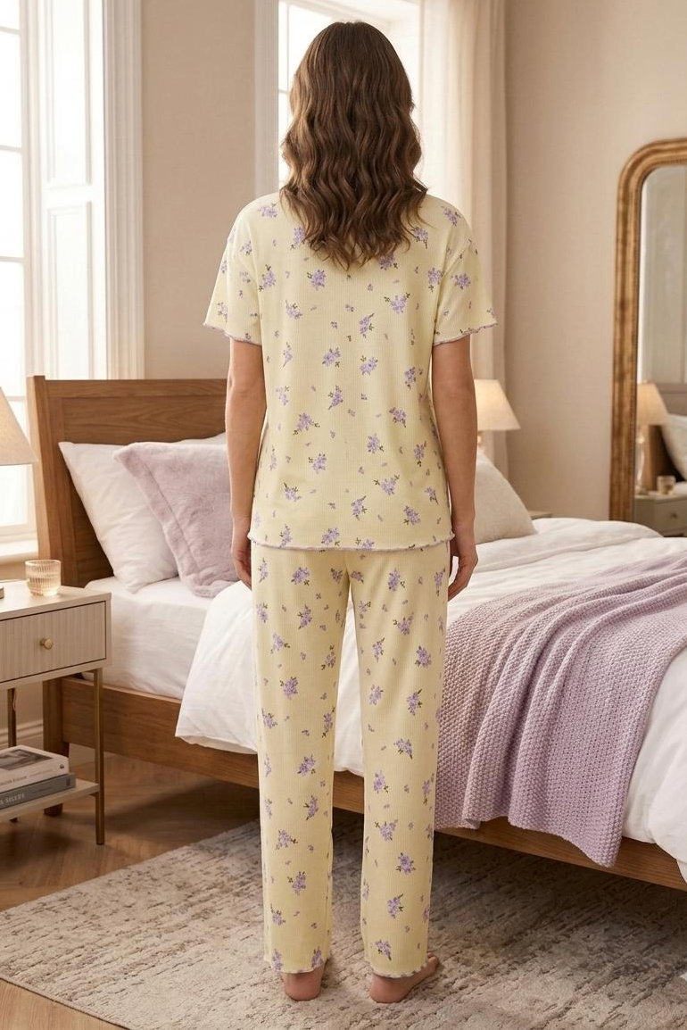 Desenli Fiyonklu Pijama Takımı Sari - 28799-SARI - 2