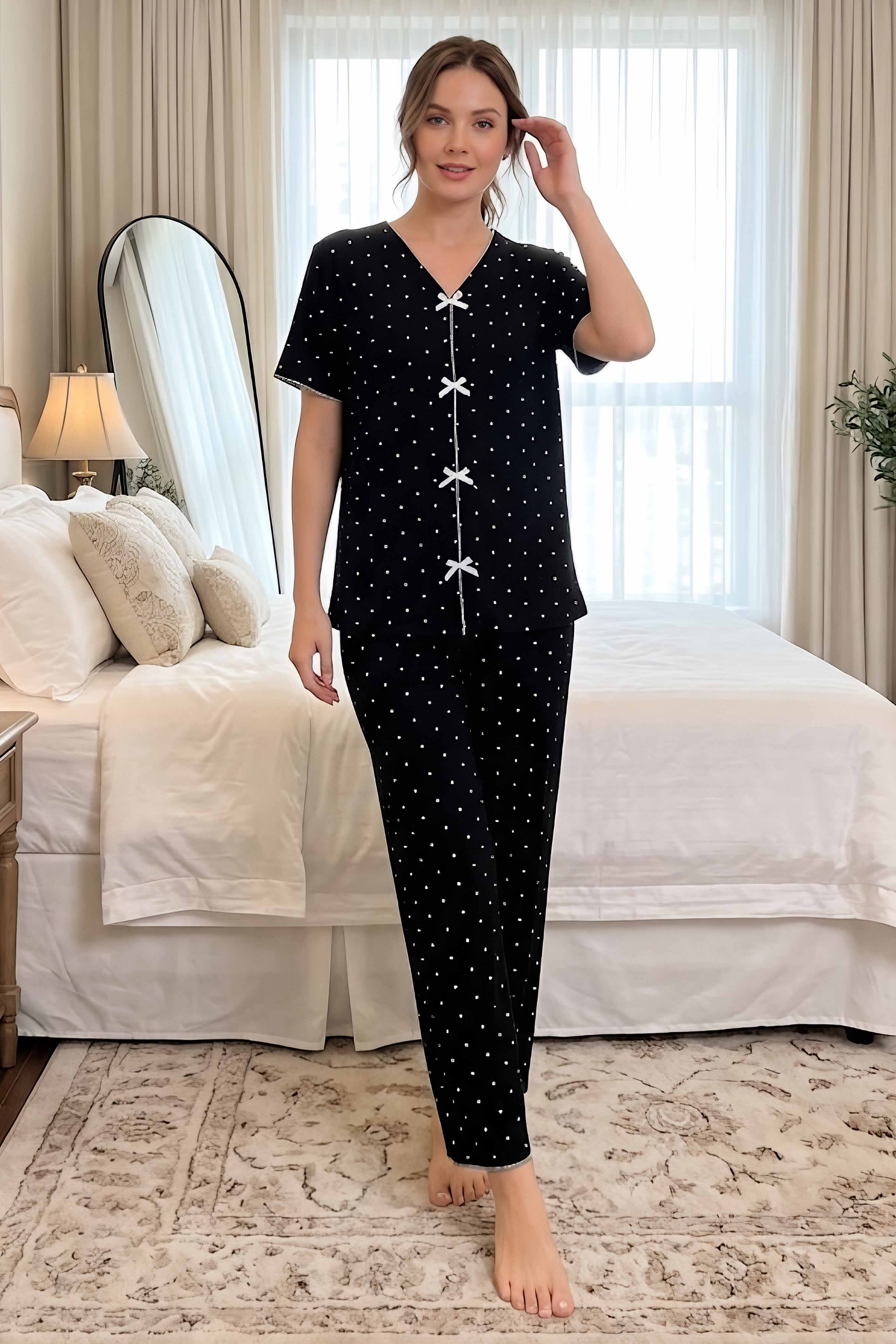 Desenli Fiyonklu Pijama Takımı Siyah - 28793-SIYAH - 1