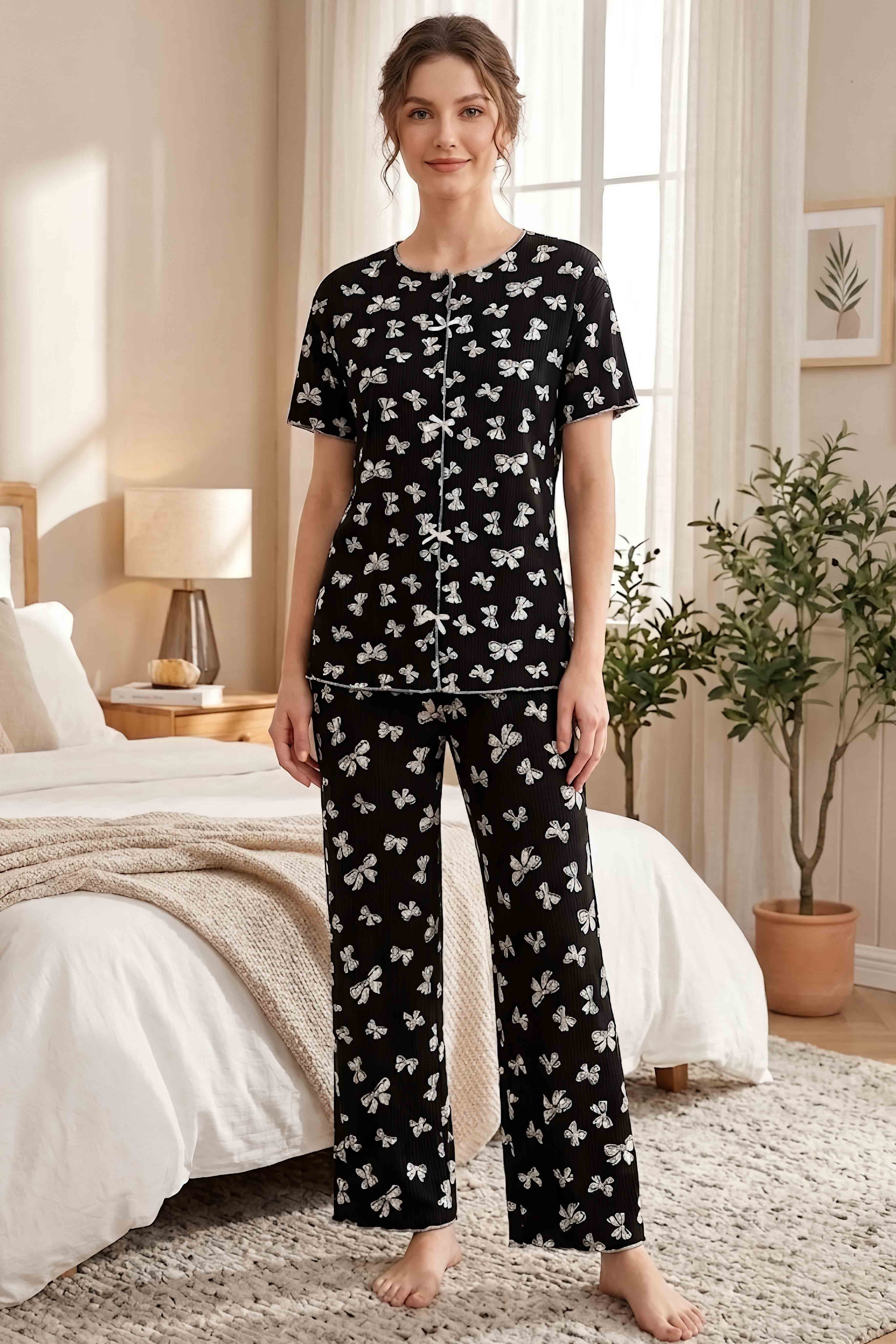 Desenli Fiyonklu Pijama Takımı Siyah - 28797-SIYAH - 1