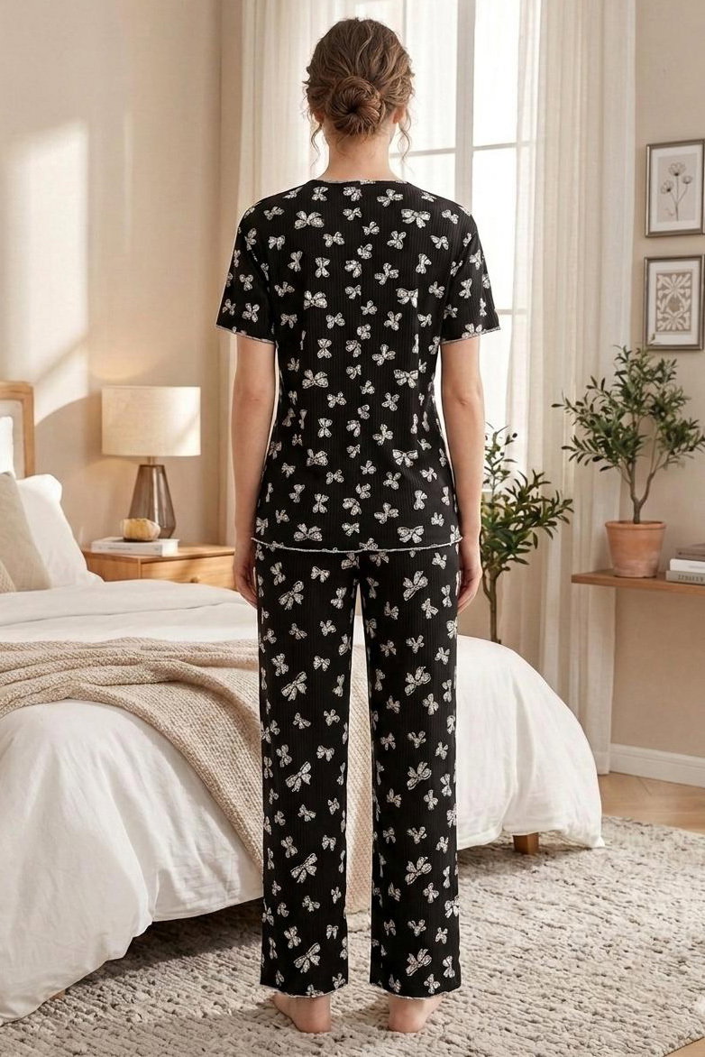 Desenli Fiyonklu Pijama Takımı Siyah - 28797-SIYAH - 3