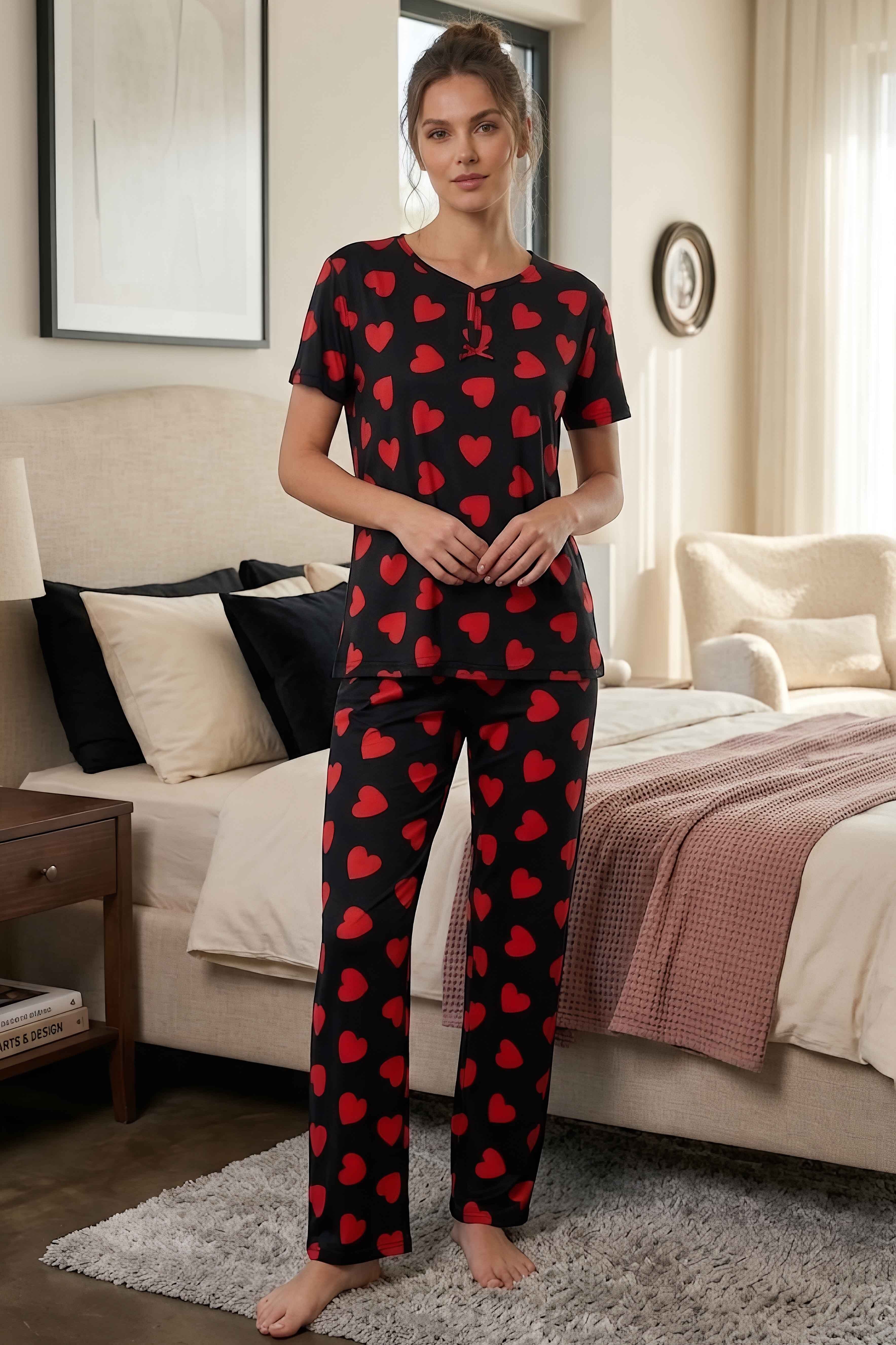 Desenli Fiyonklu Pijama Takımı Siyah - 28804-SIYAH - 1