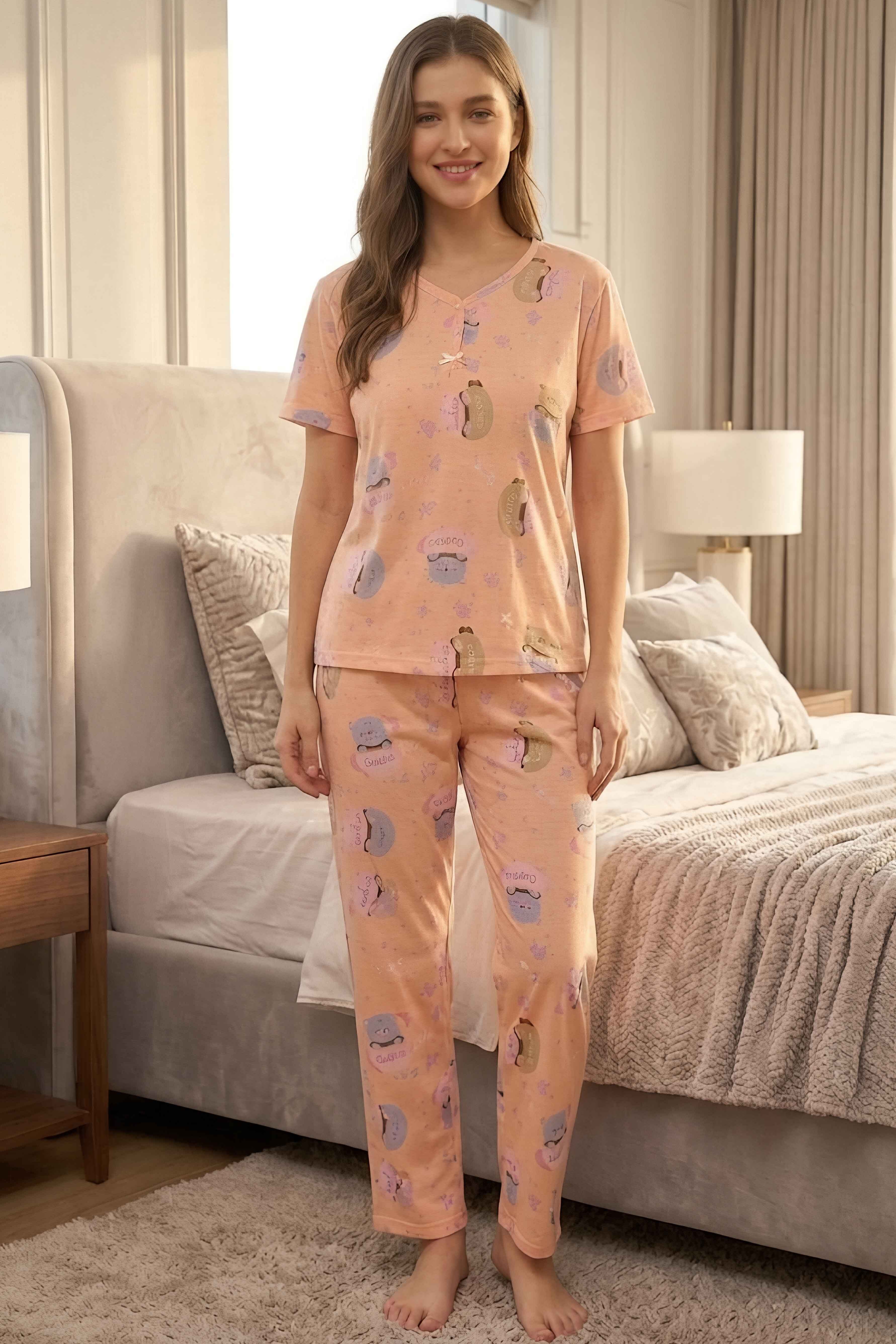 Desenli Fiyonklu Pijama Takımı Somon - 28798-SOMON - 1
