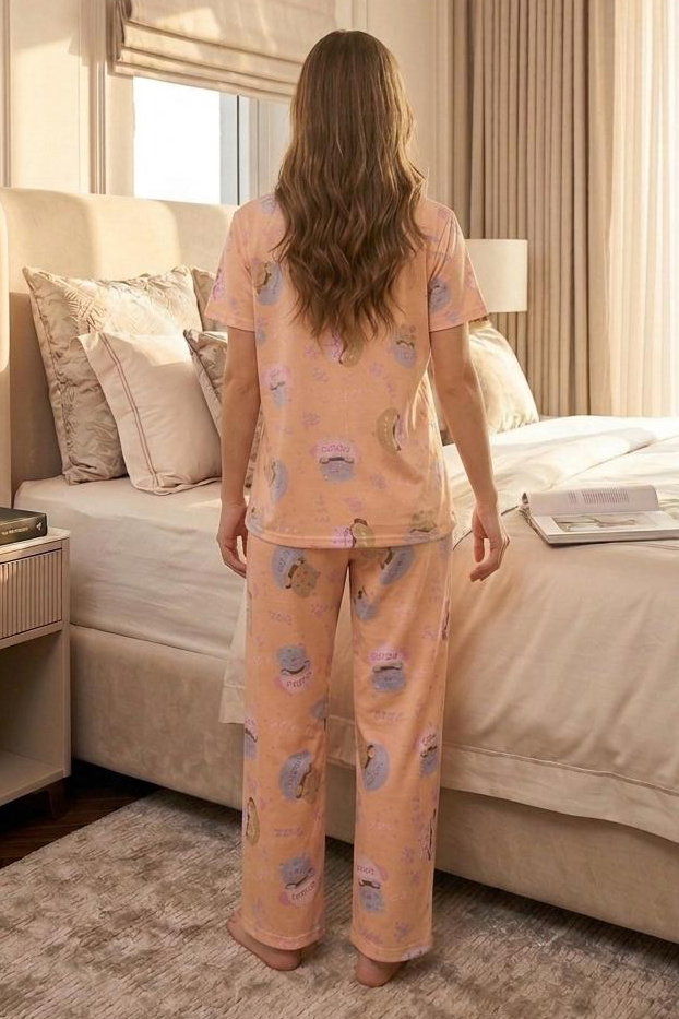 Desenli Fiyonklu Pijama Takımı Somon - 28798-SOMON - 2