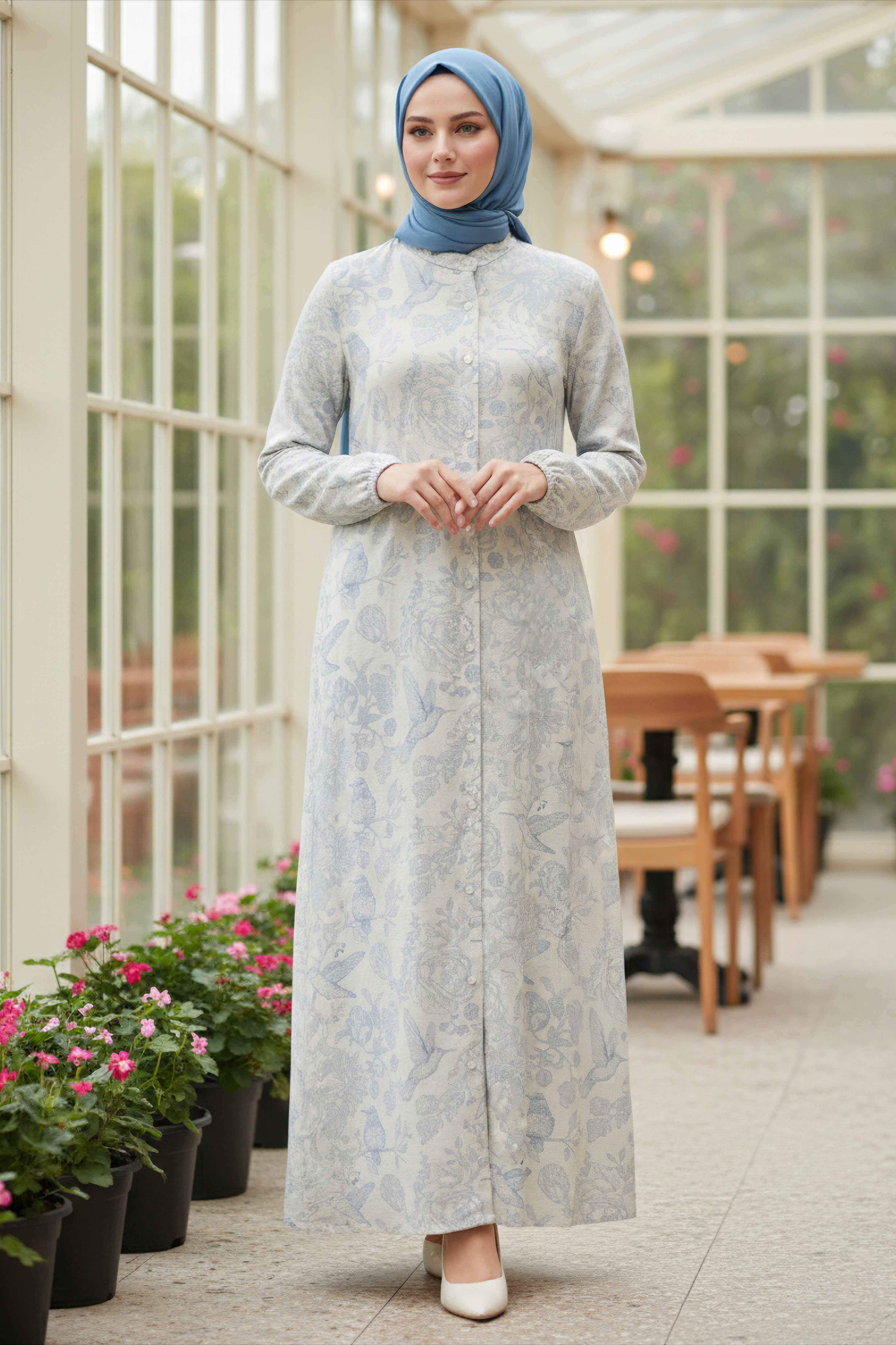 Desenli Keten Elbise - 28291-MAVI - 1