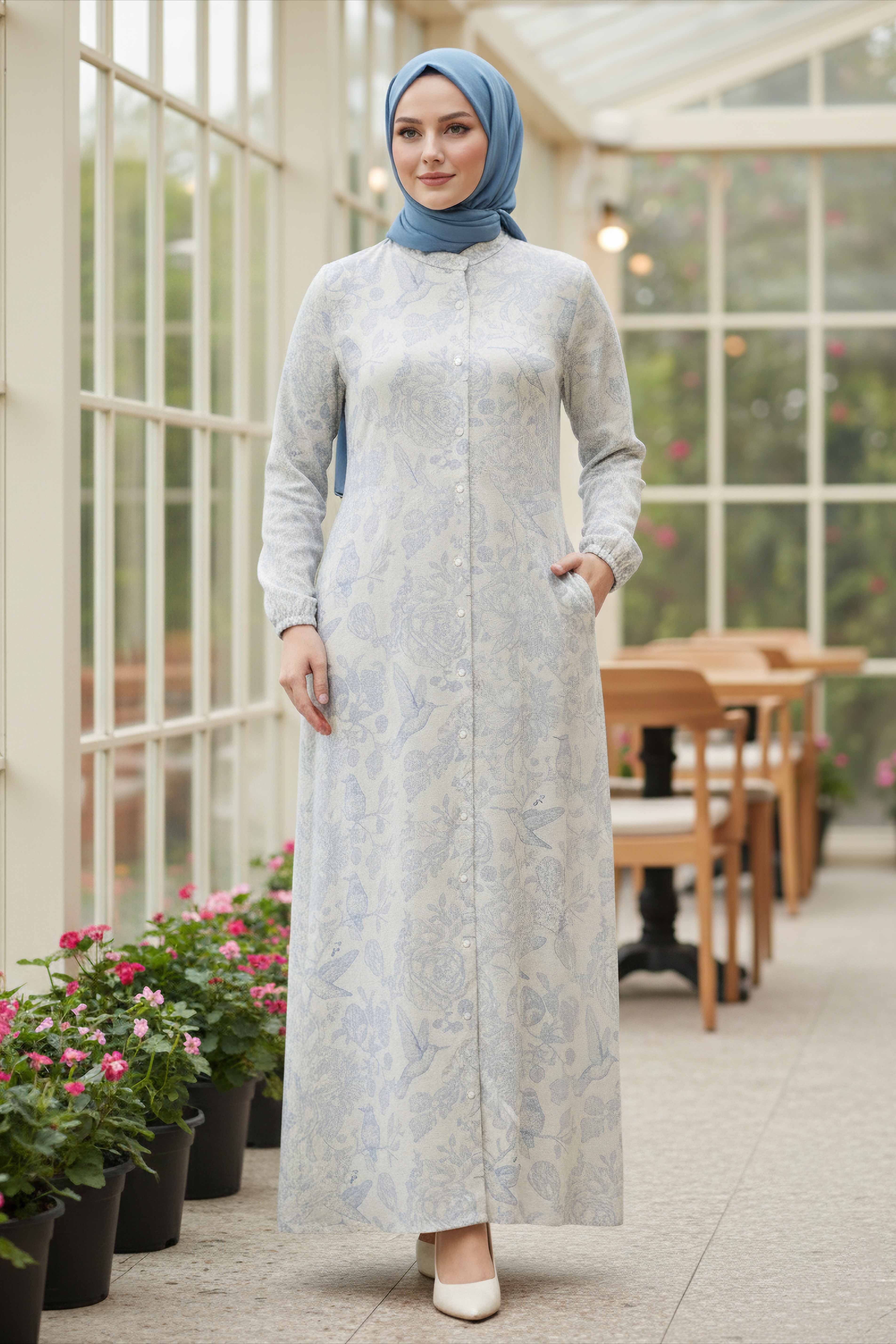 Desenli Keten Elbise - 28291-MAVI - 2