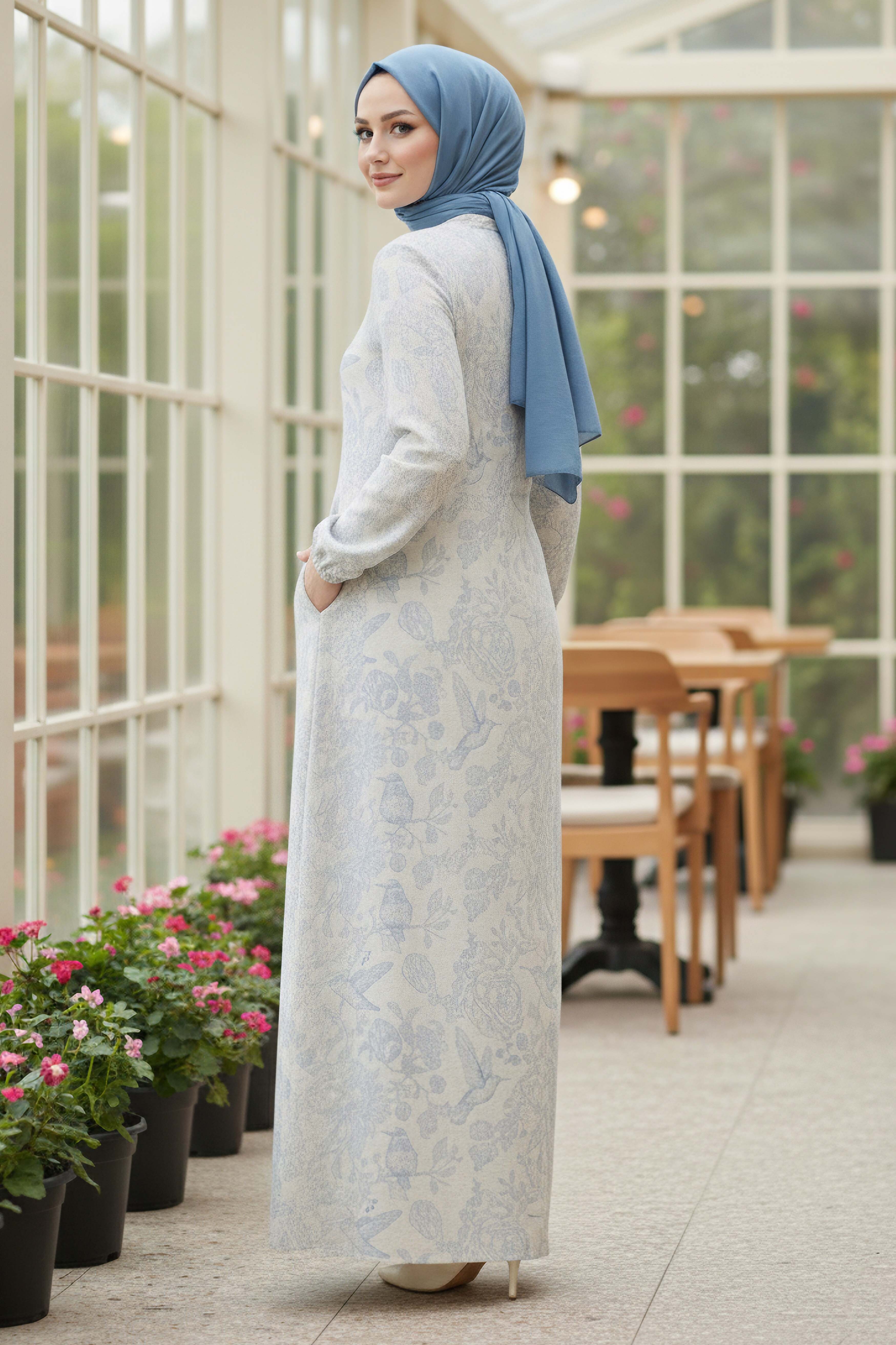 Desenli Keten Elbise - 28291-MAVI - 3