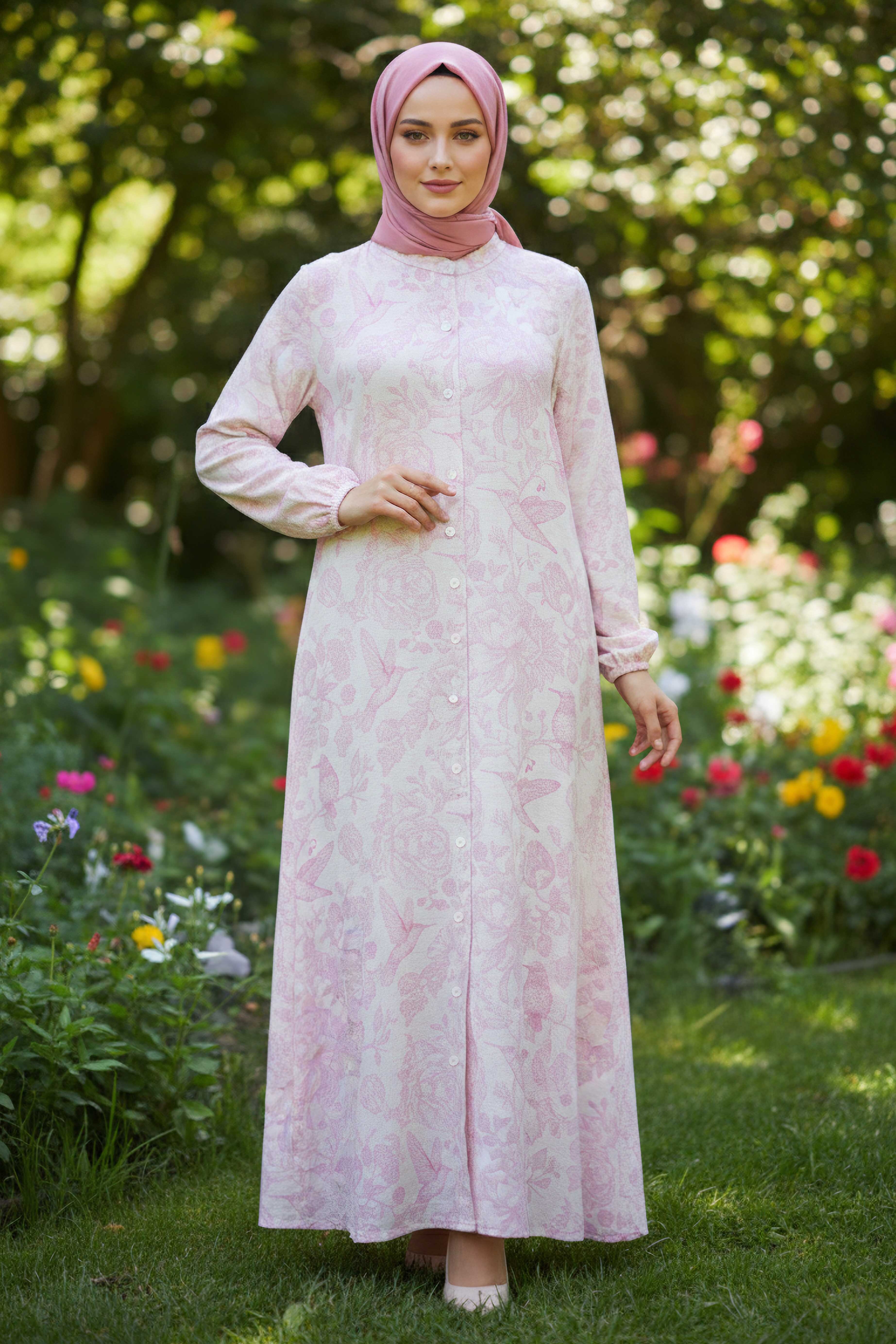 Desenli Keten Elbise - 28291-PEMBE - 1