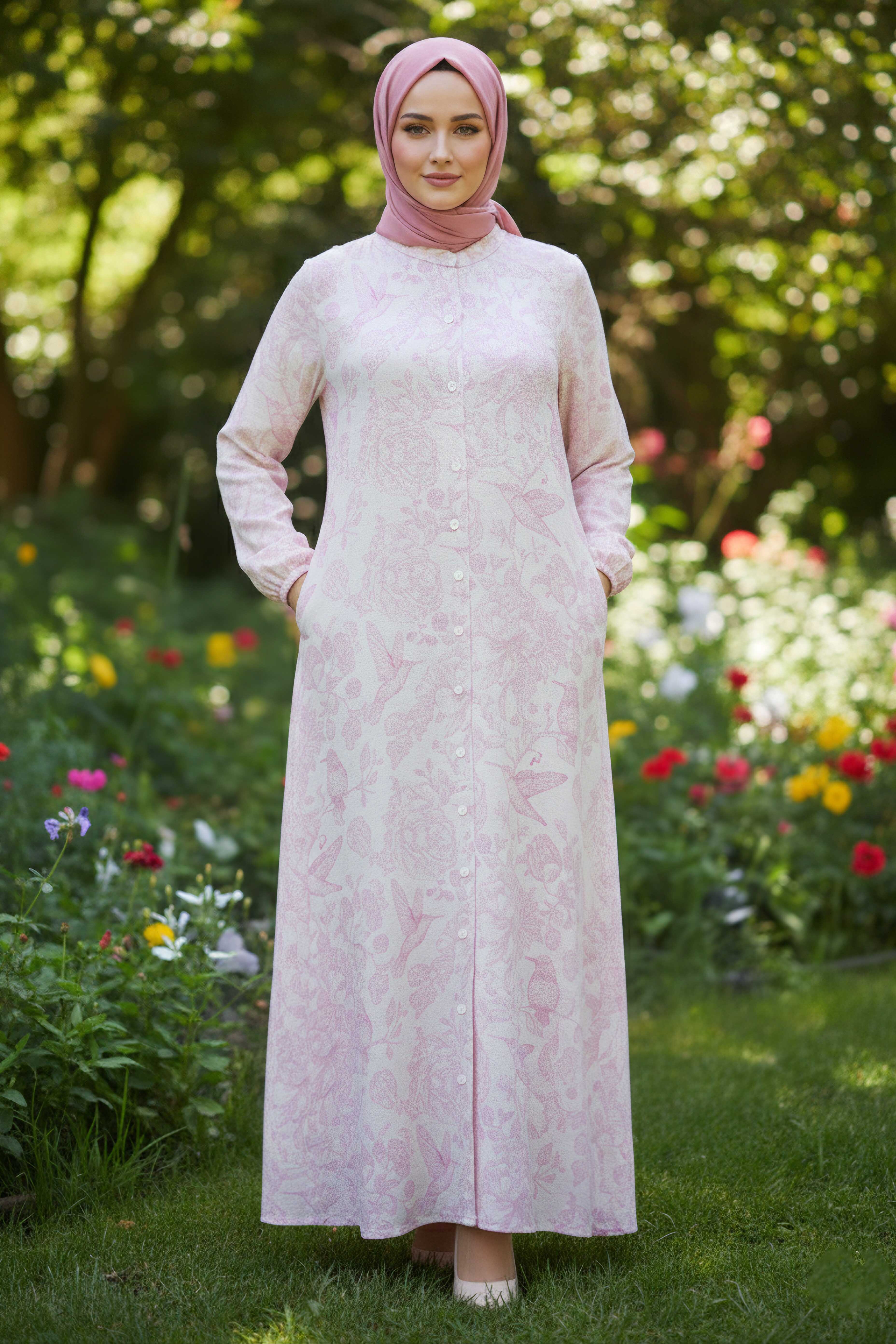 Desenli Keten Elbise - 28291-PEMBE - 2