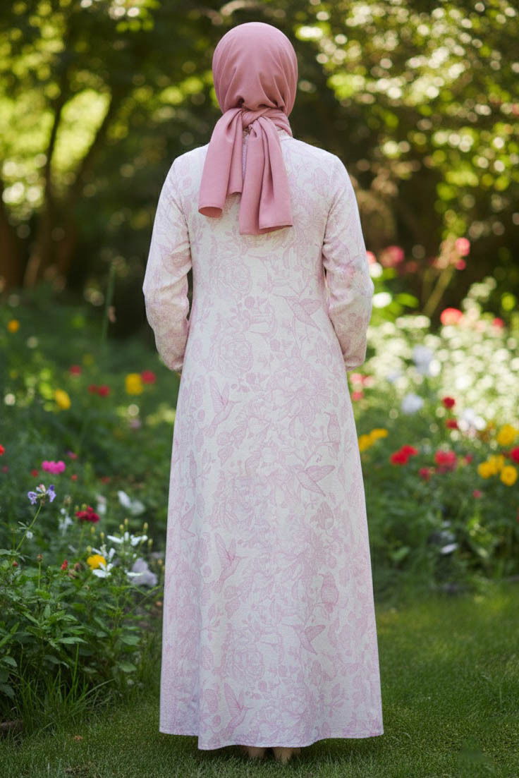 Desenli Keten Elbise - 28291-PEMBE - 3