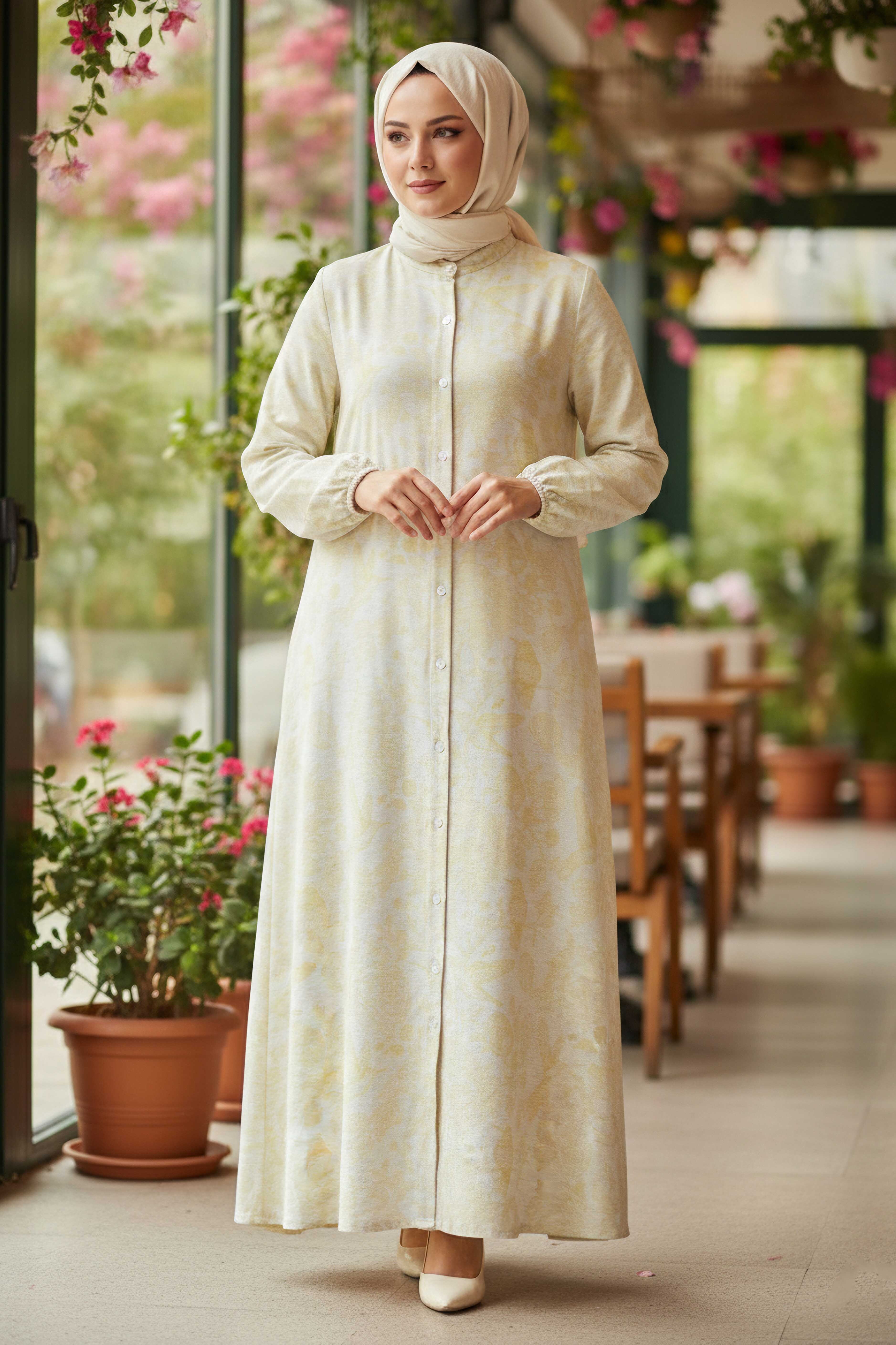 Desenli Keten Elbise - 28291-SARI - 1
