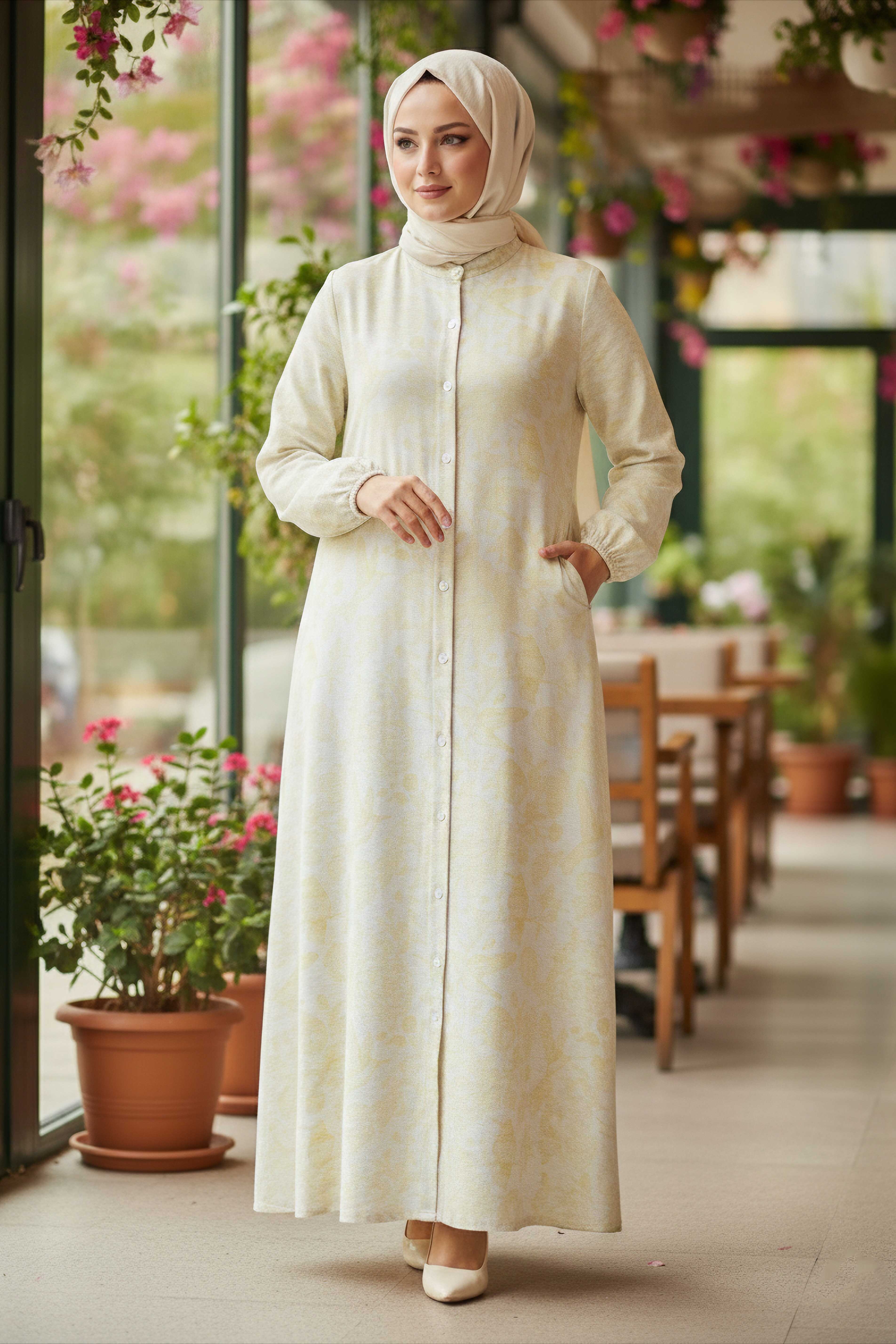 Desenli Keten Elbise - 28291-SARI - 2