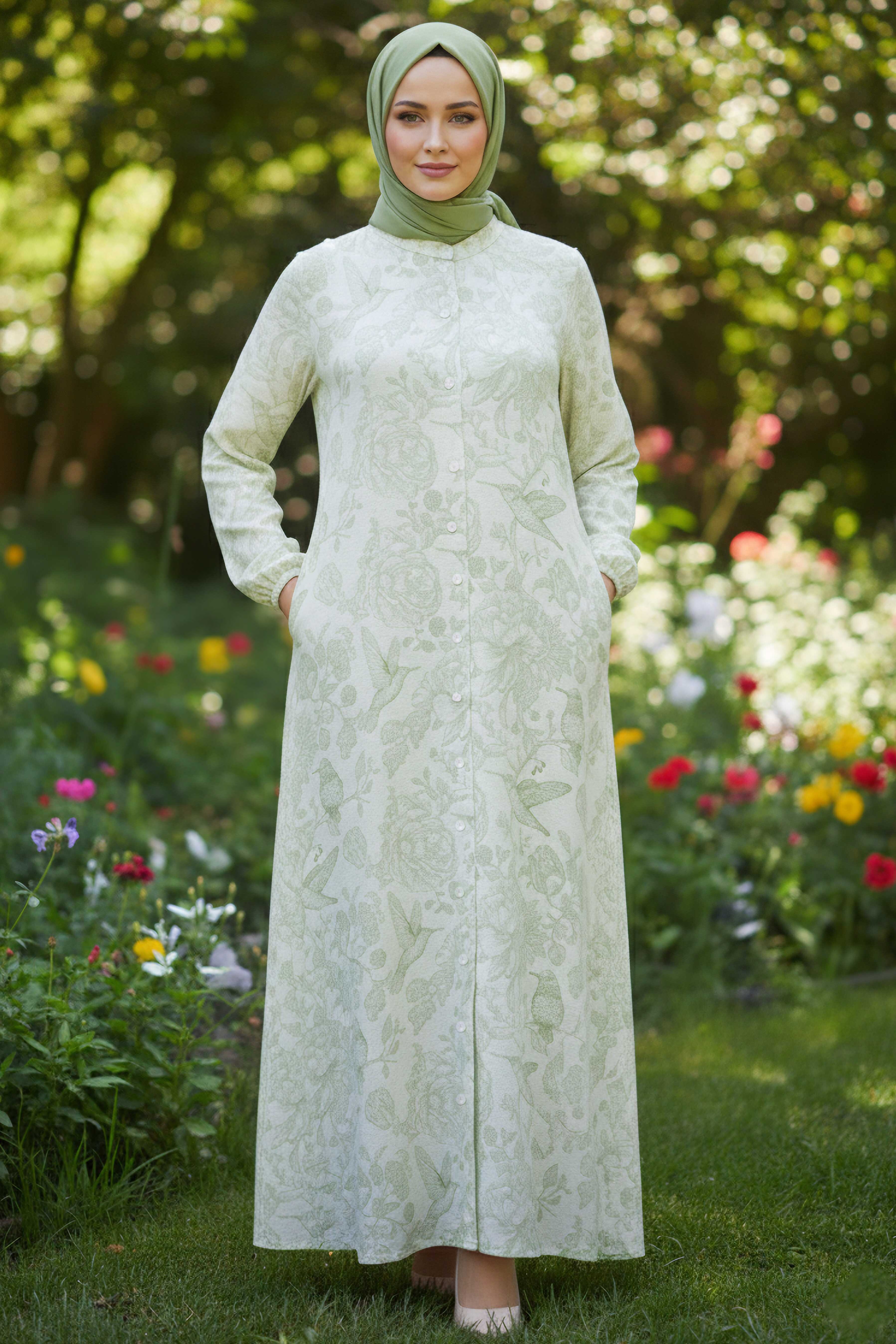 Desenli Keten Elbise - 28291-YESIL - 1