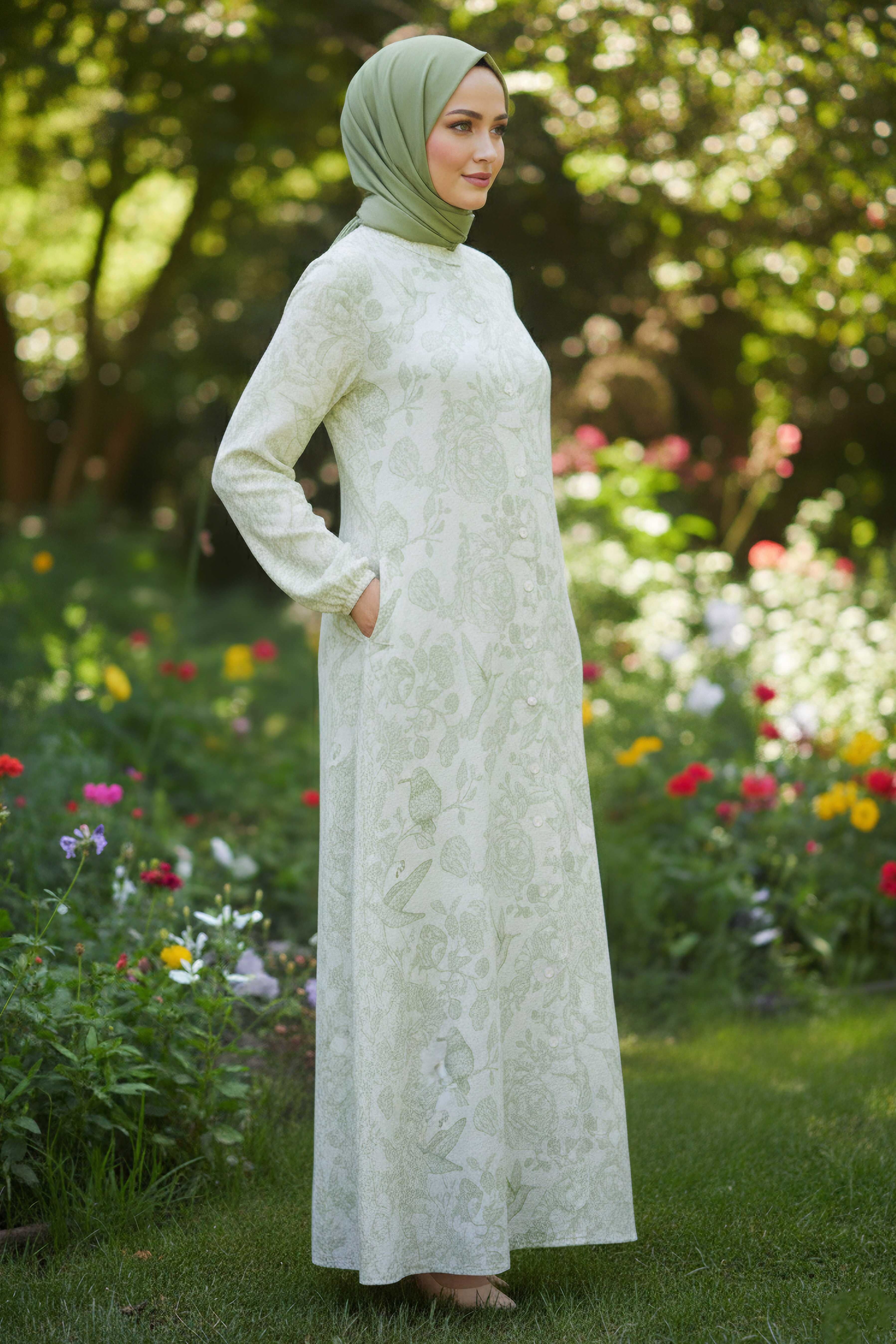 Desenli Keten Elbise - 28291-YESIL - 2