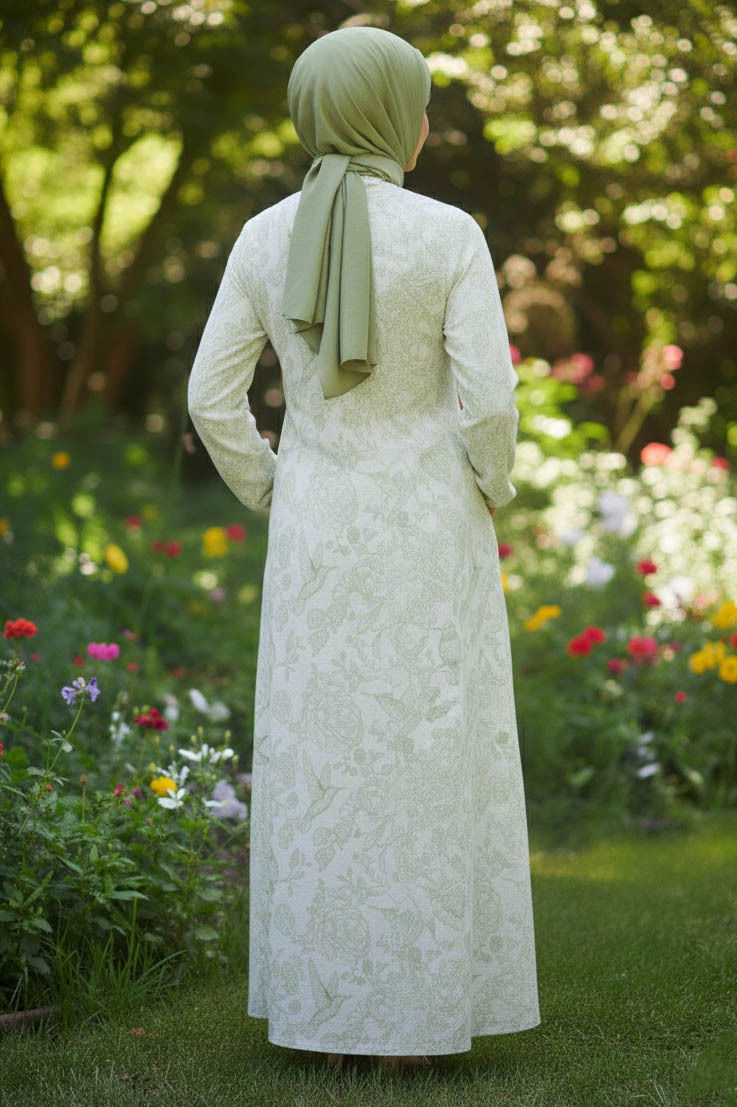 Desenli Keten Elbise - 28291-YESIL - 3