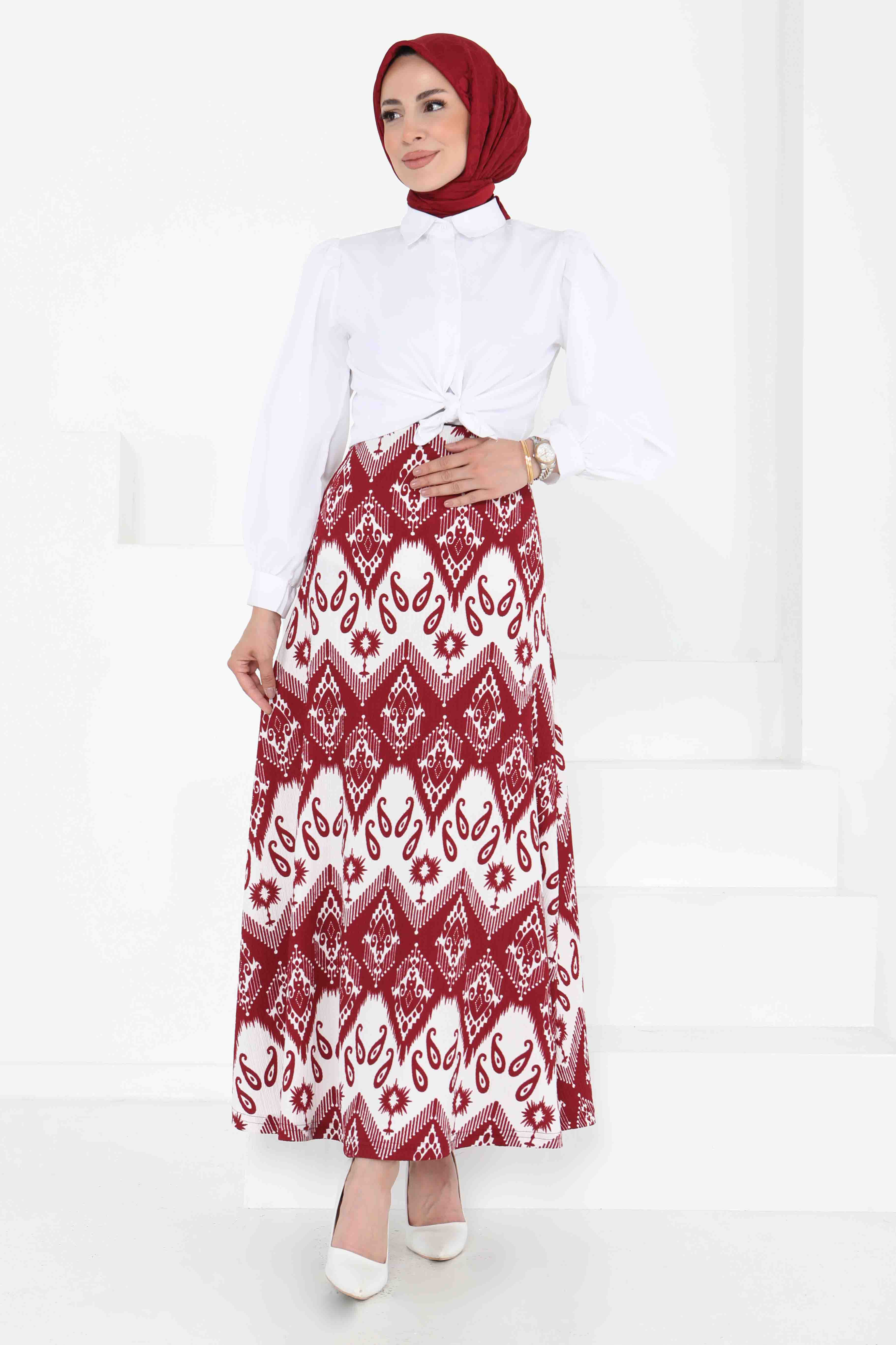 Desenli Kiloş Etek Bordo - 27130 - 1