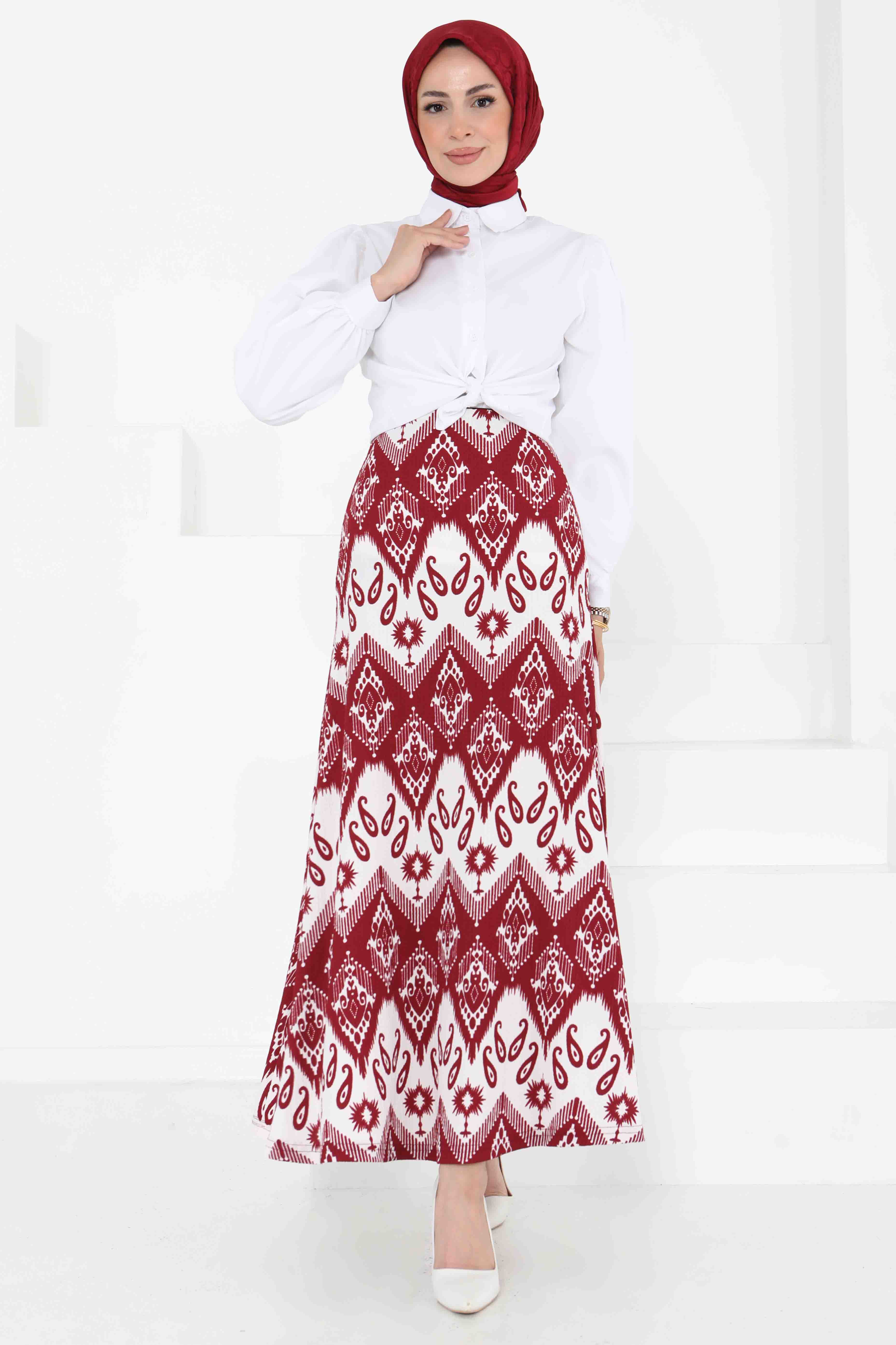 Desenli Kiloş Etek Bordo - 27130 - 2