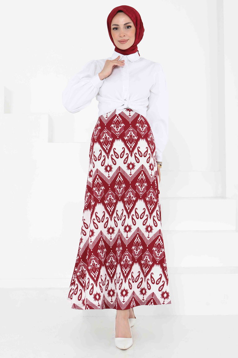 Desenli Kiloş Etek Bordo - 27130 - TOFİSA