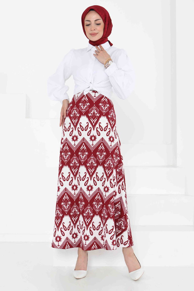 Desenli Kiloş Etek Bordo - 27130 - TOFİSA