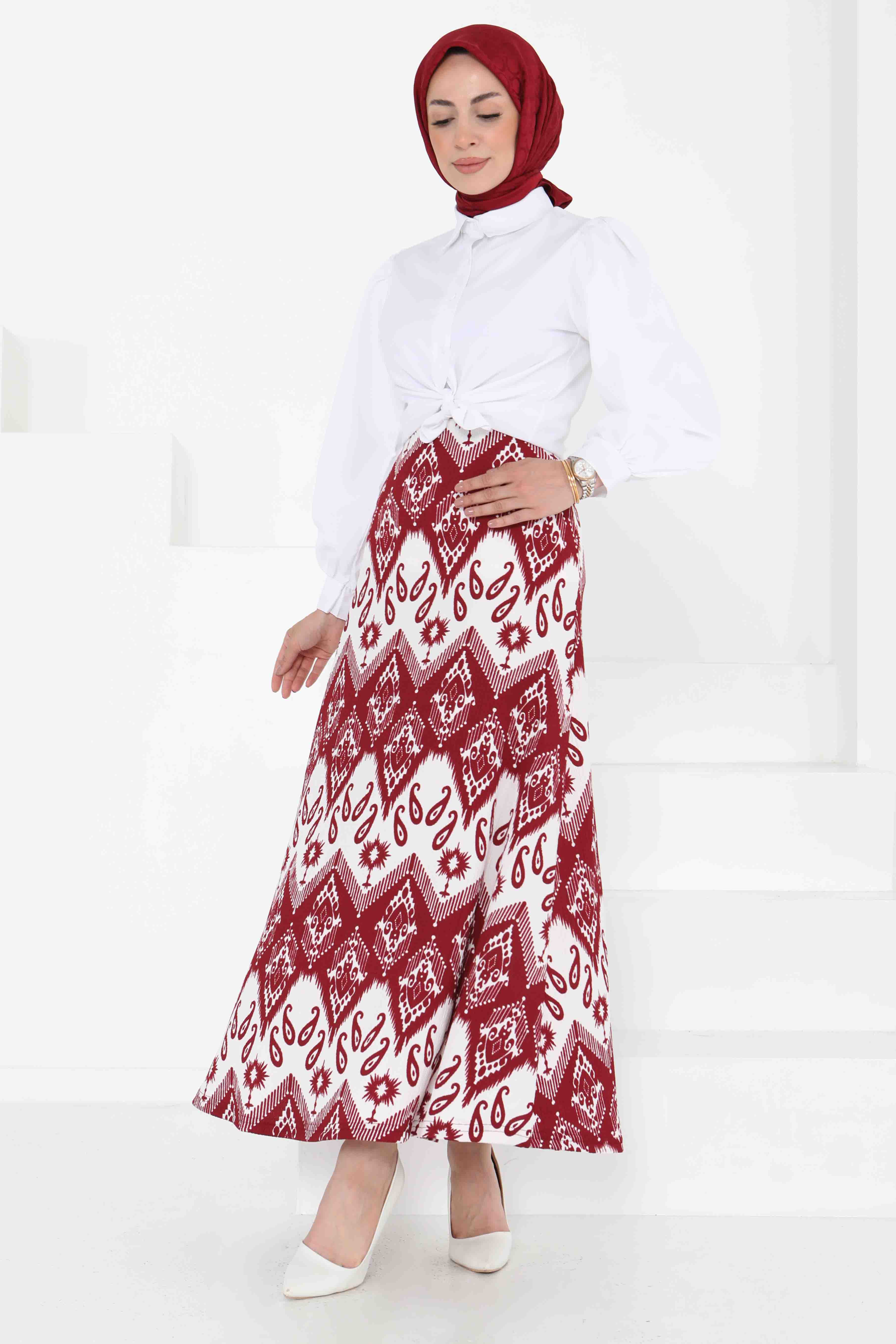Desenli Kiloş Etek Bordo - 27130 - 4