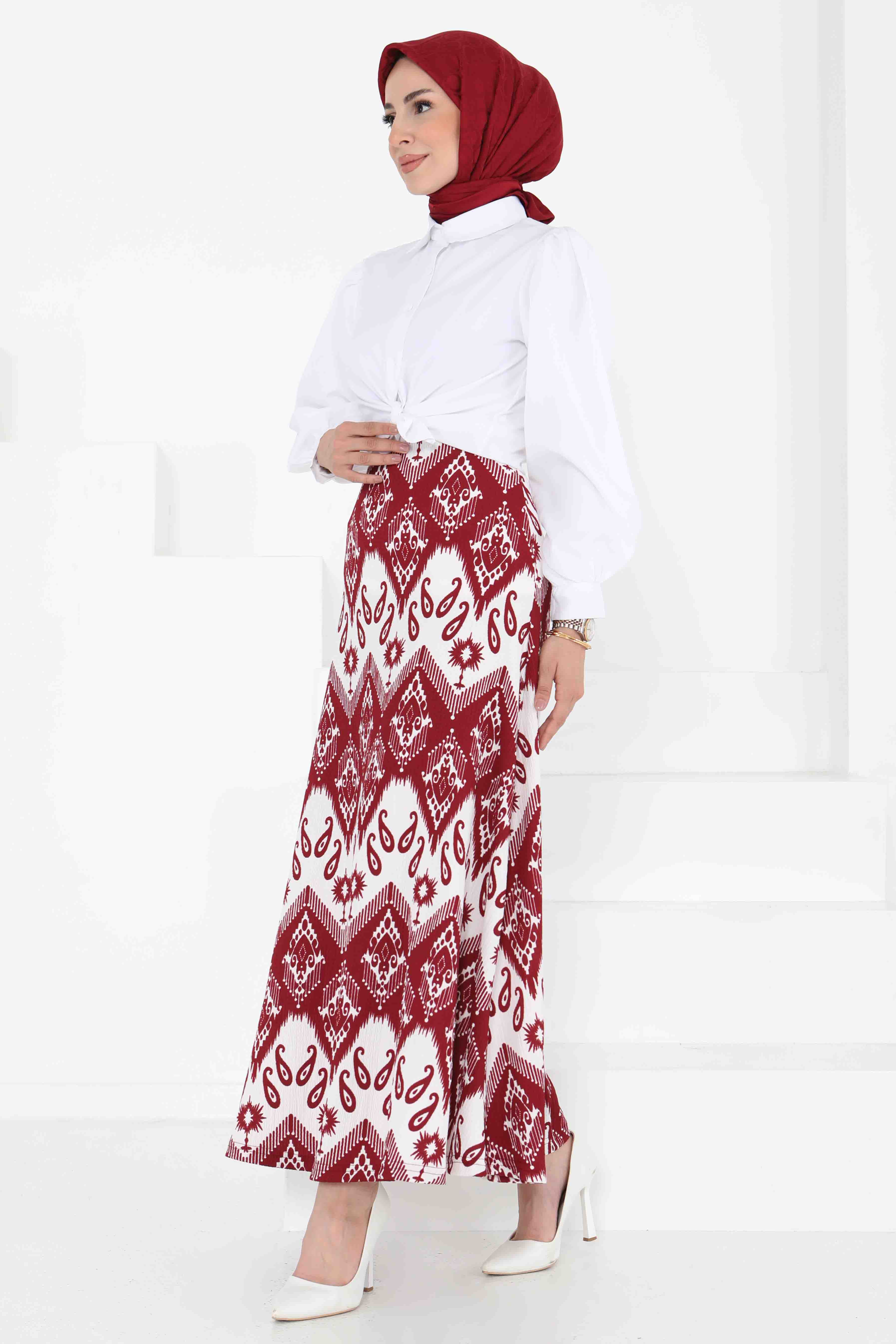 Desenli Kiloş Etek Bordo - 27130 - 5