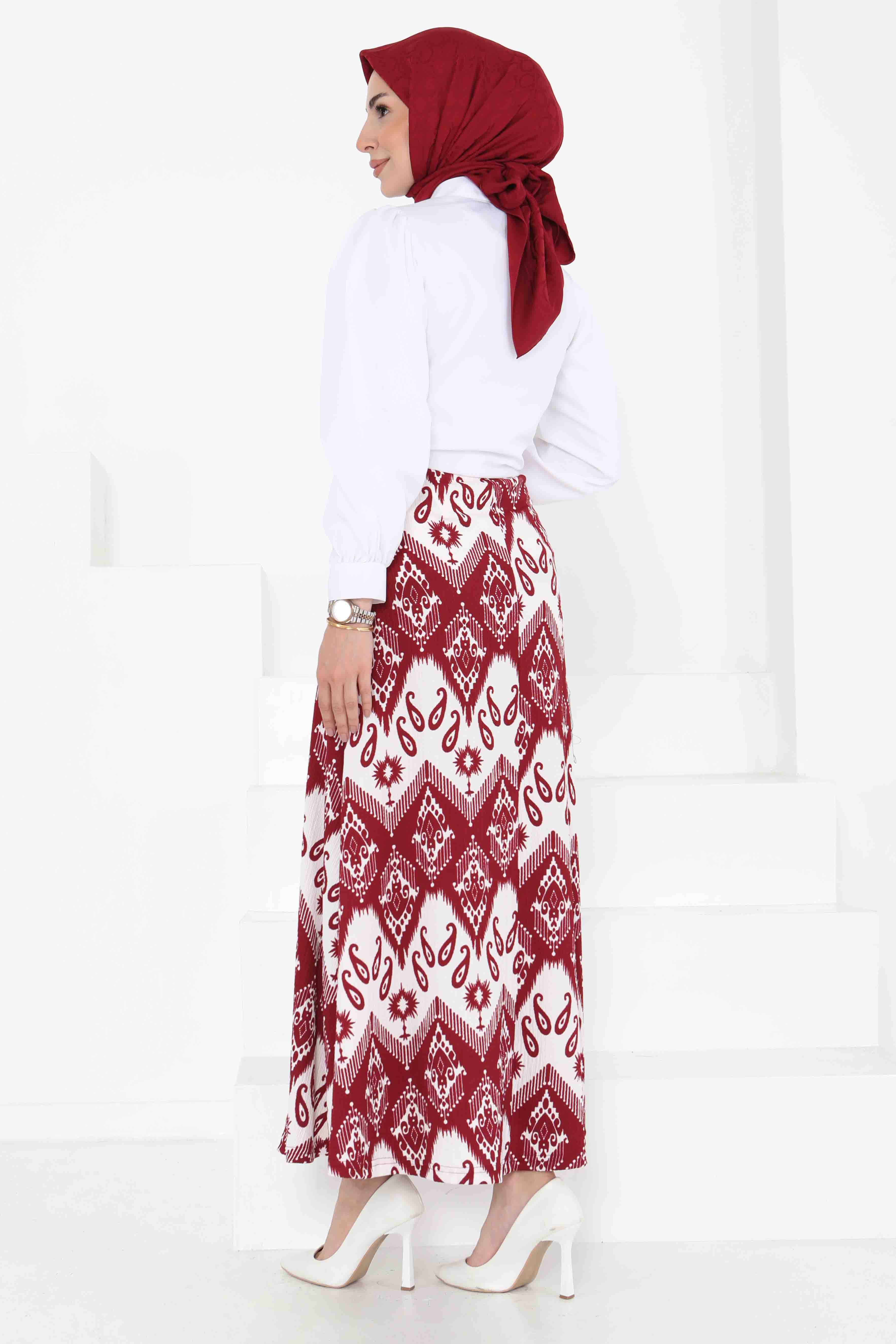 Desenli Kiloş Etek Bordo - 27130 - 7