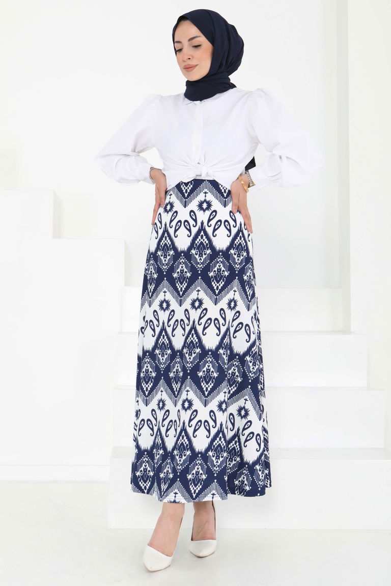 Desenli Kiloş Etek Lacivert - 27130 - TOFİSA