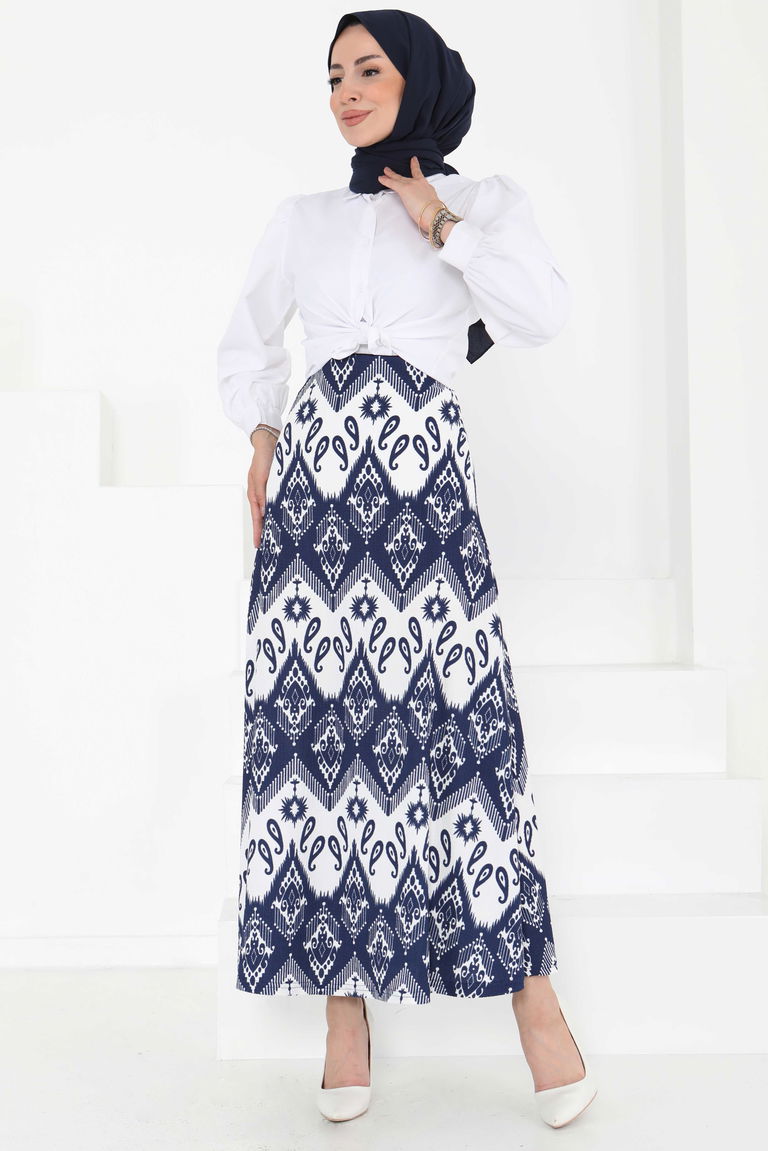Desenli Kiloş Etek Lacivert - 27130 - TOFİSA