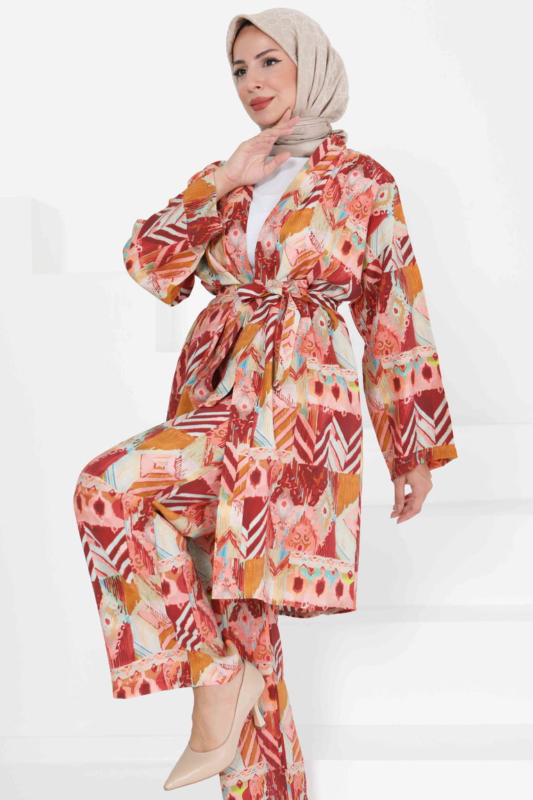 Desenli Kimono İkili Takım - 27436 - TOFİSA
