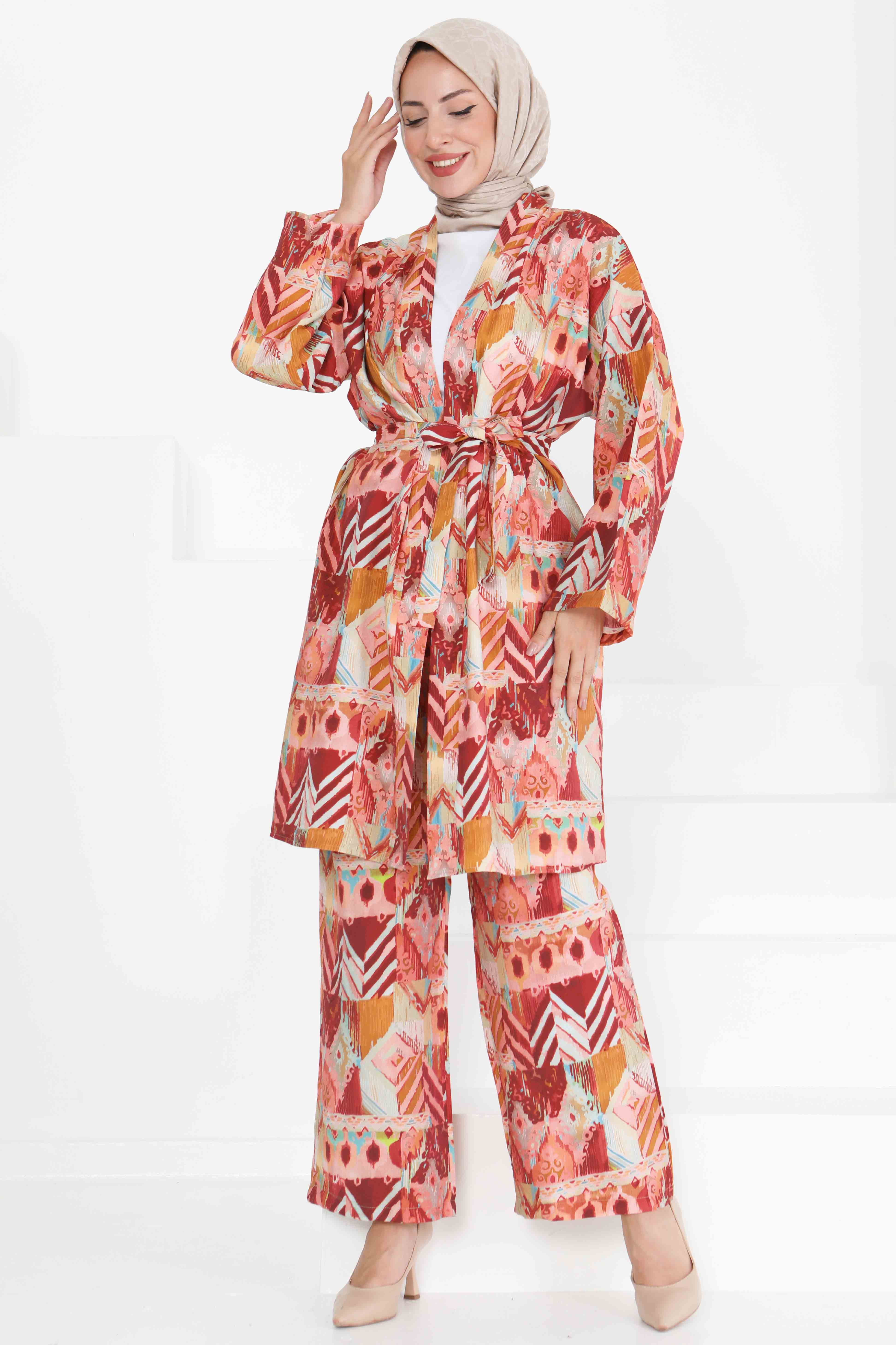 Desenli Kimono İkili Takım - 27436 - 2