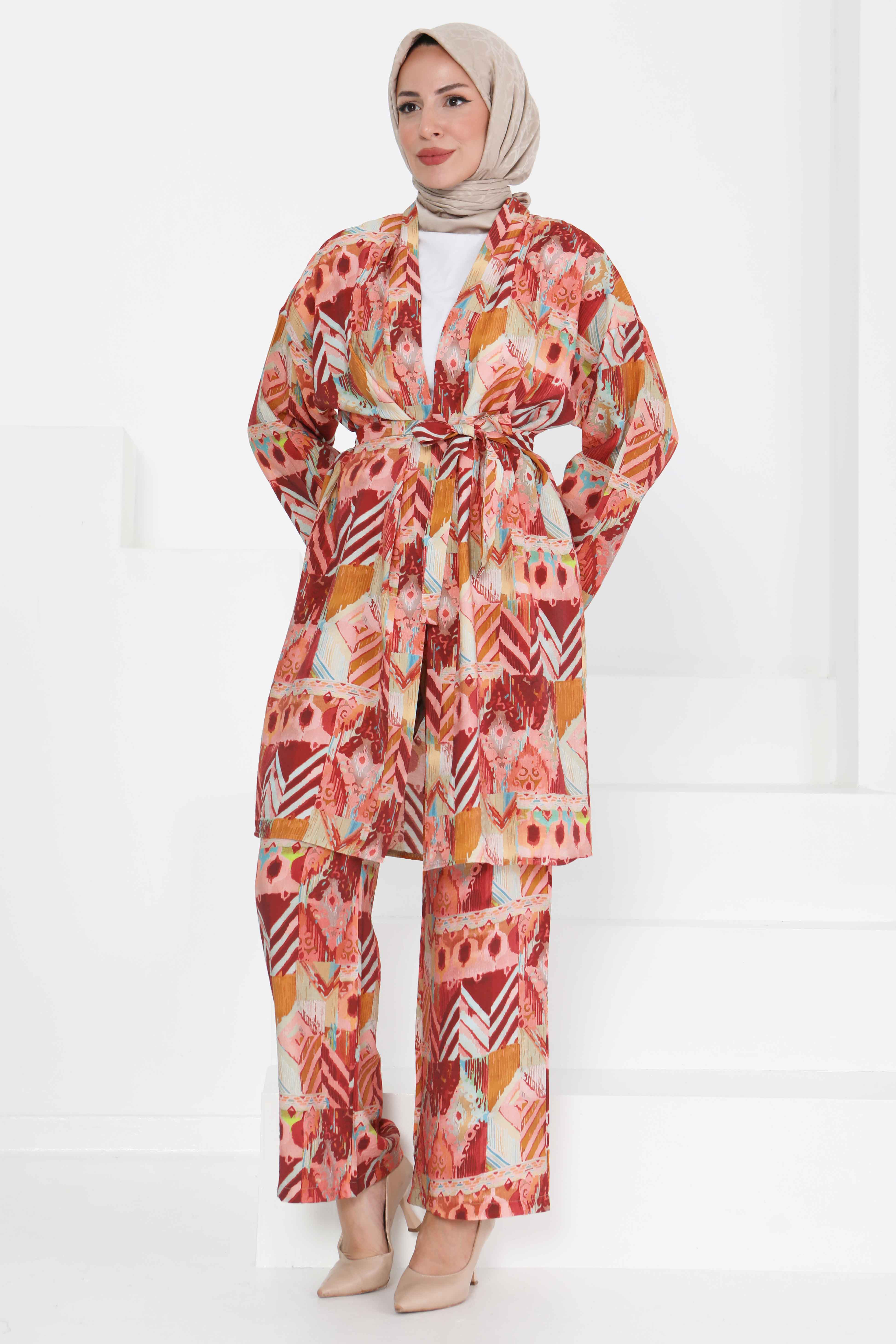 Desenli Kimono İkili Takım - 27436 - 3
