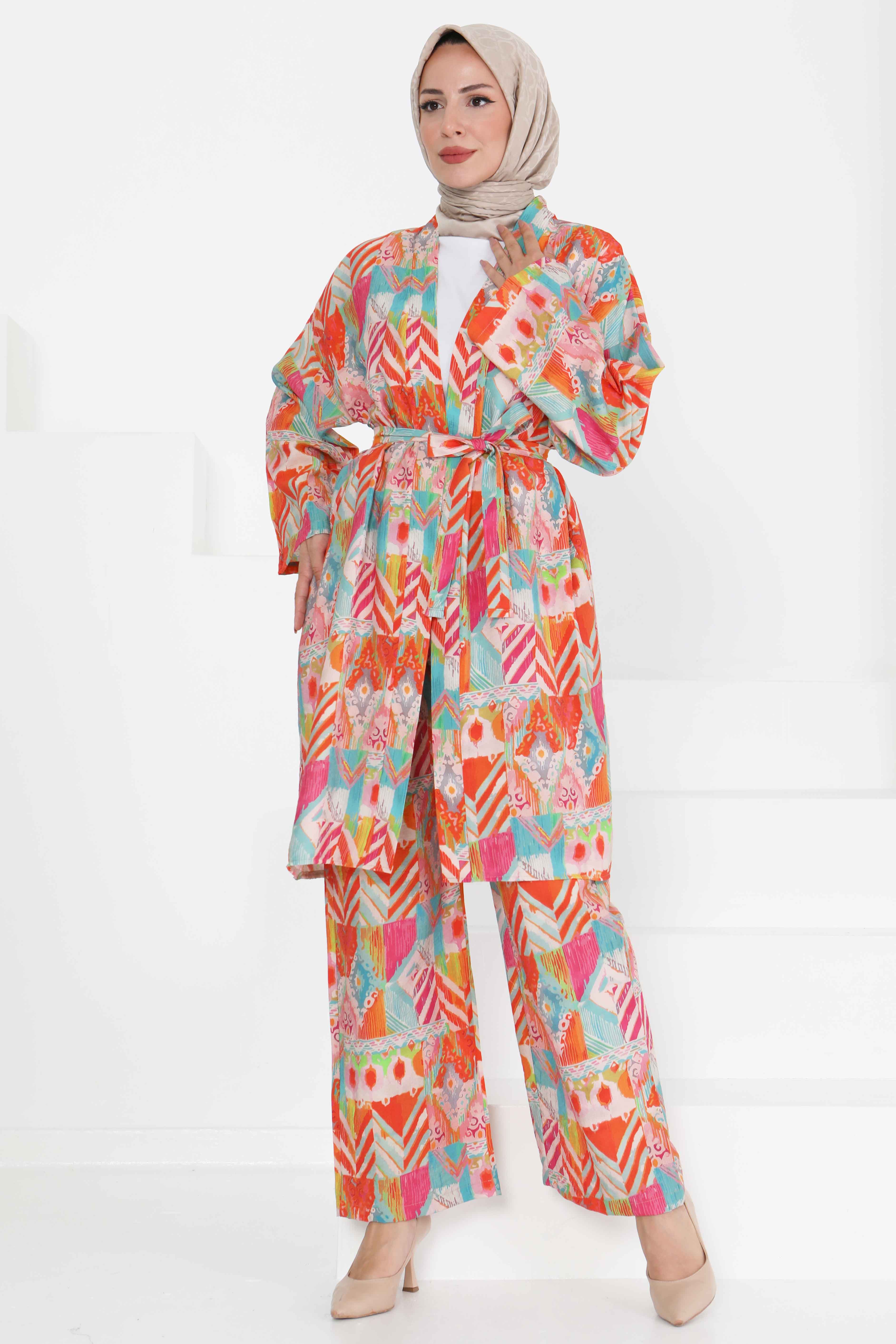 Desenli Kimono İkili Takım - 27436 - 3
