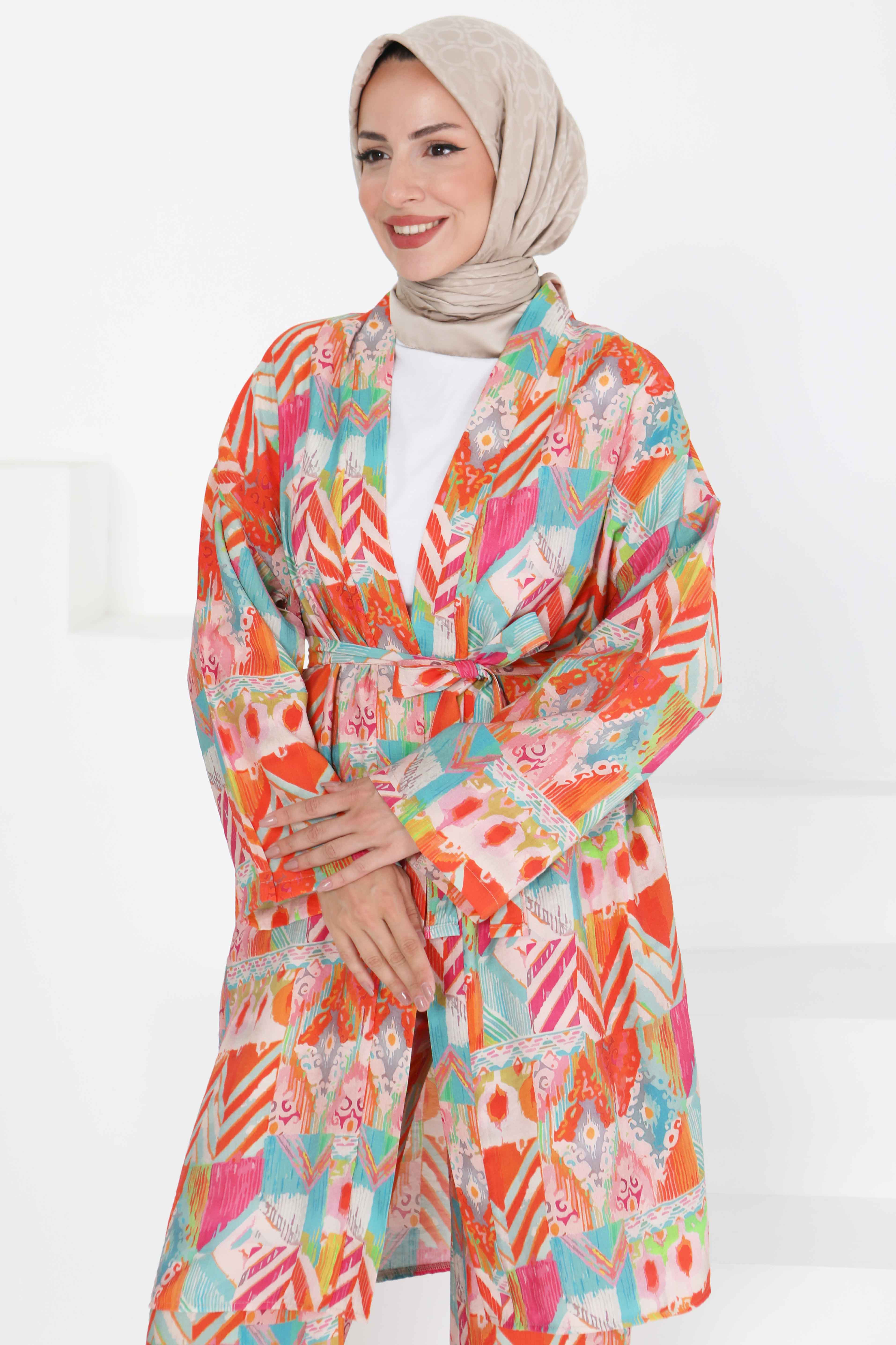 Desenli Kimono İkili Takım - 27436 - 4