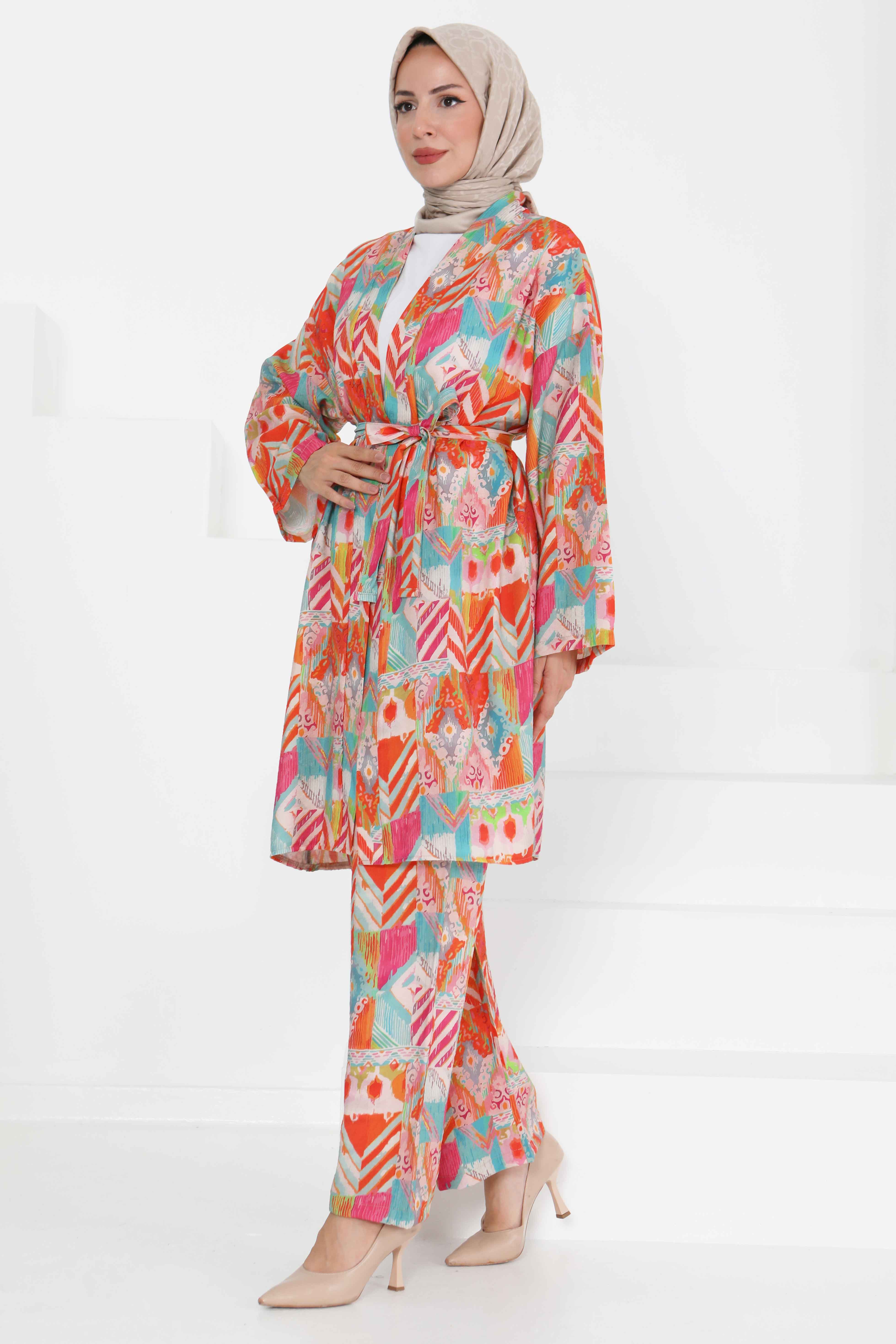 Desenli Kimono İkili Takım - 27436 - 5