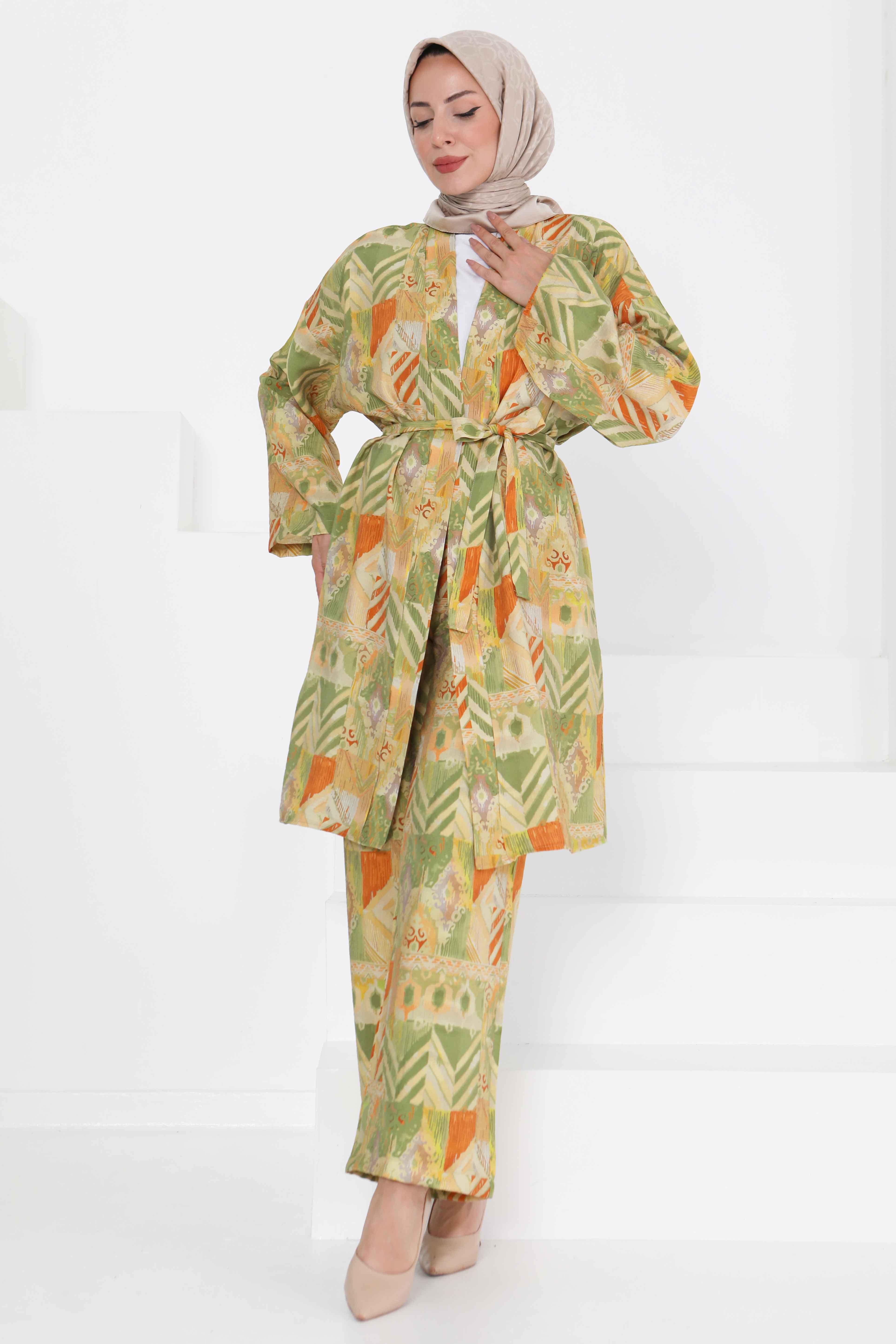 Desenli Kimono İkili Takım - 27436 - 3