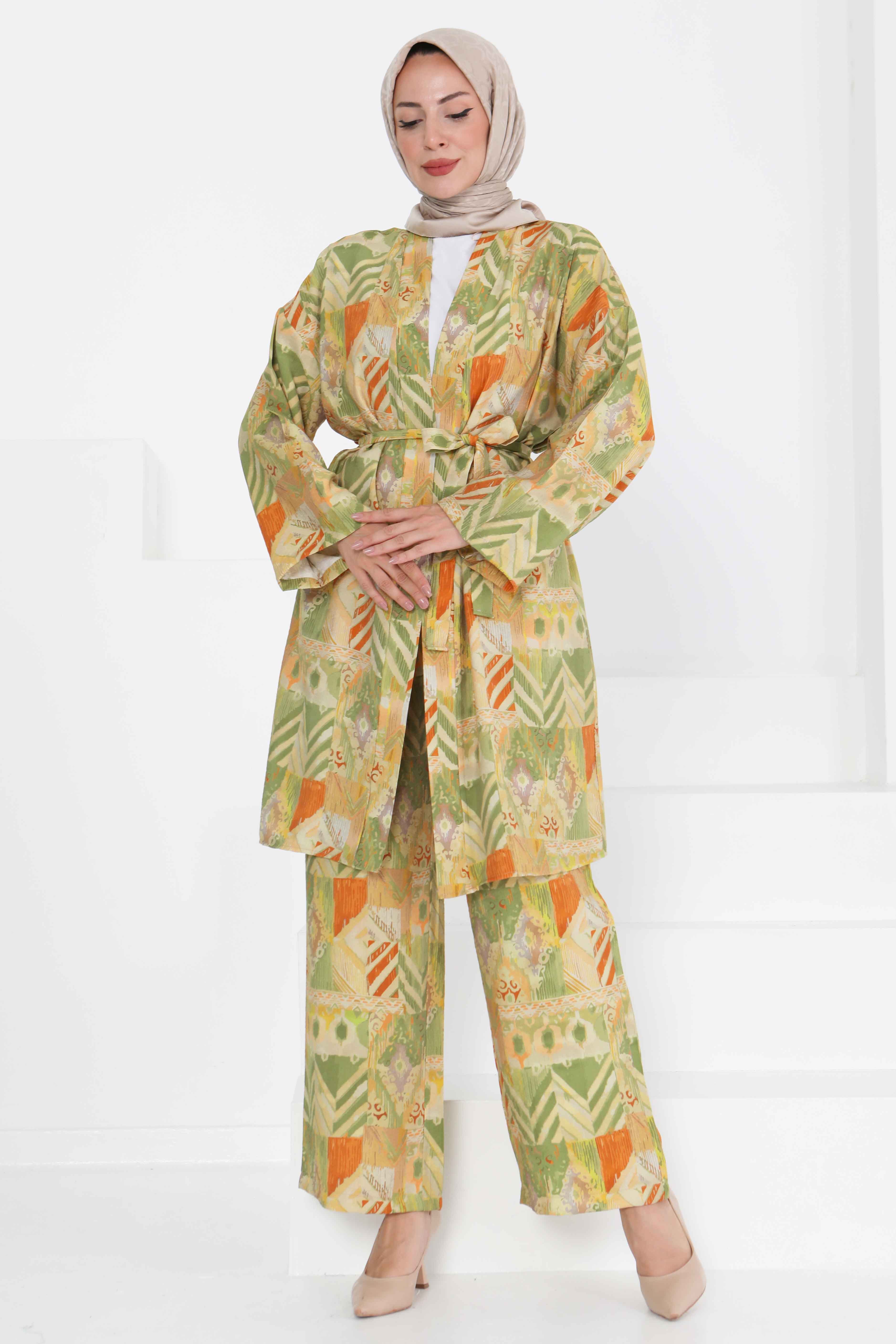 Desenli Kimono İkili Takım - 27436 - 5