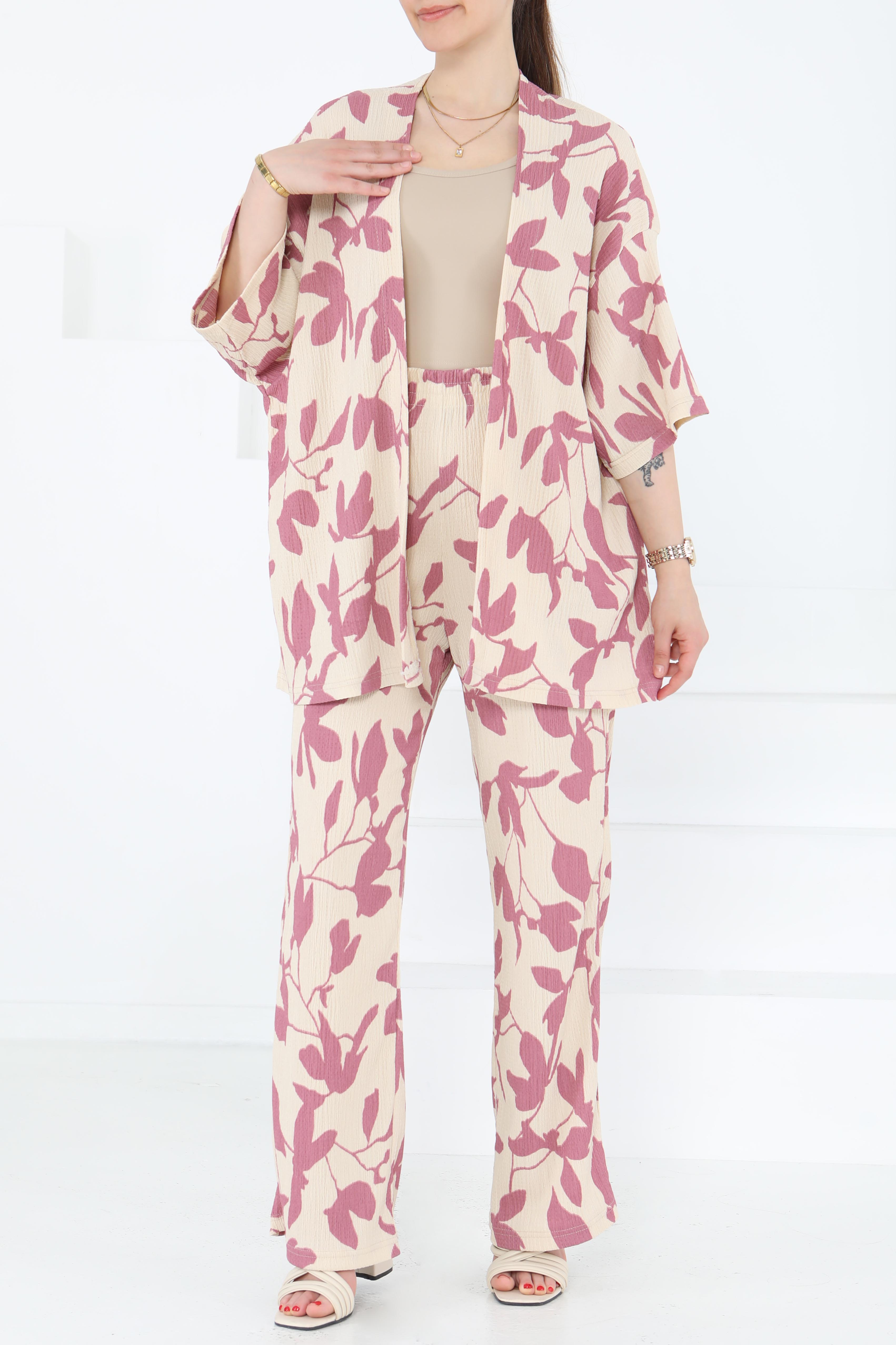 Desenli Kimono Takım Gül - 27285 - 3