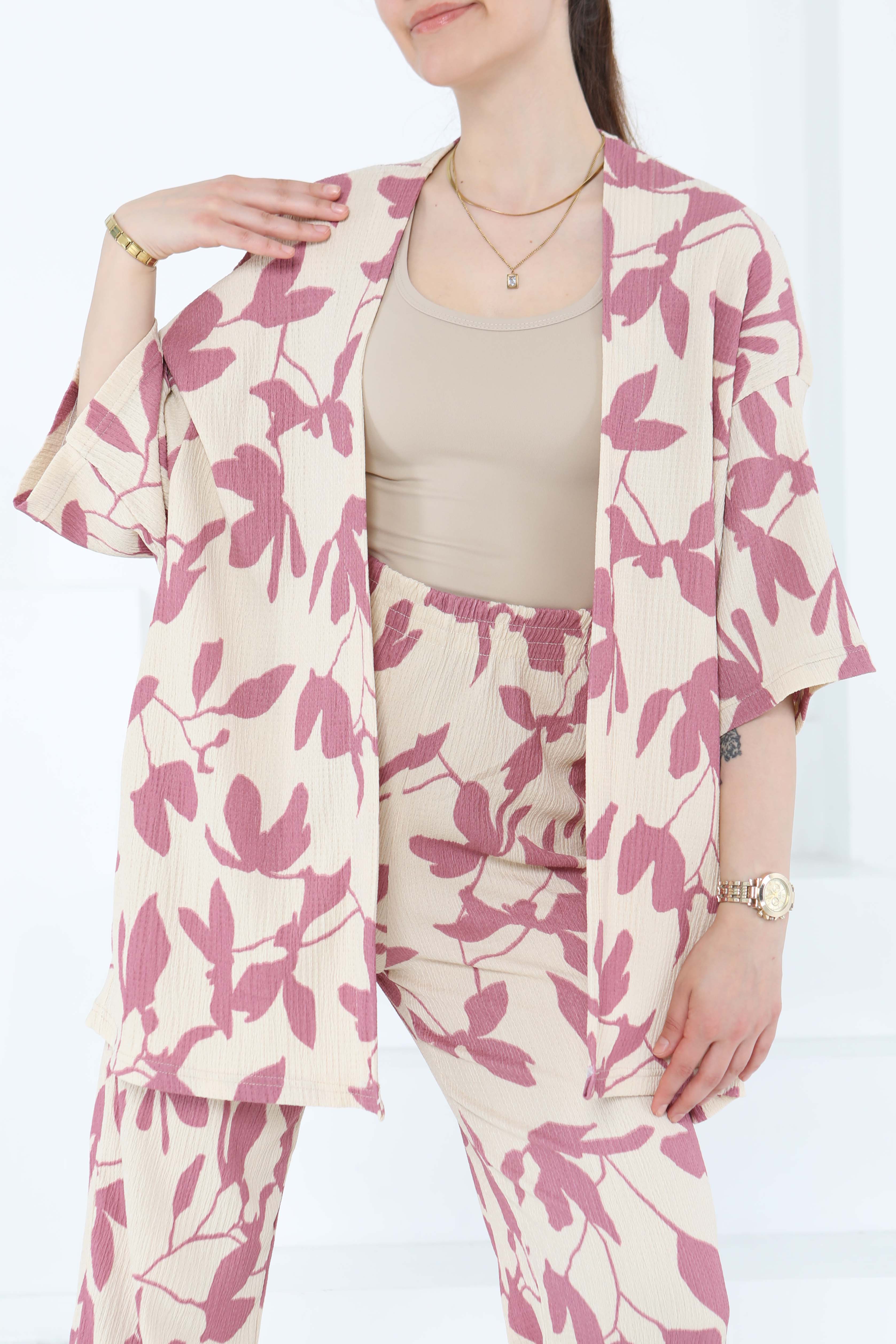 Desenli Kimono Takım Gül - 27285 - 4