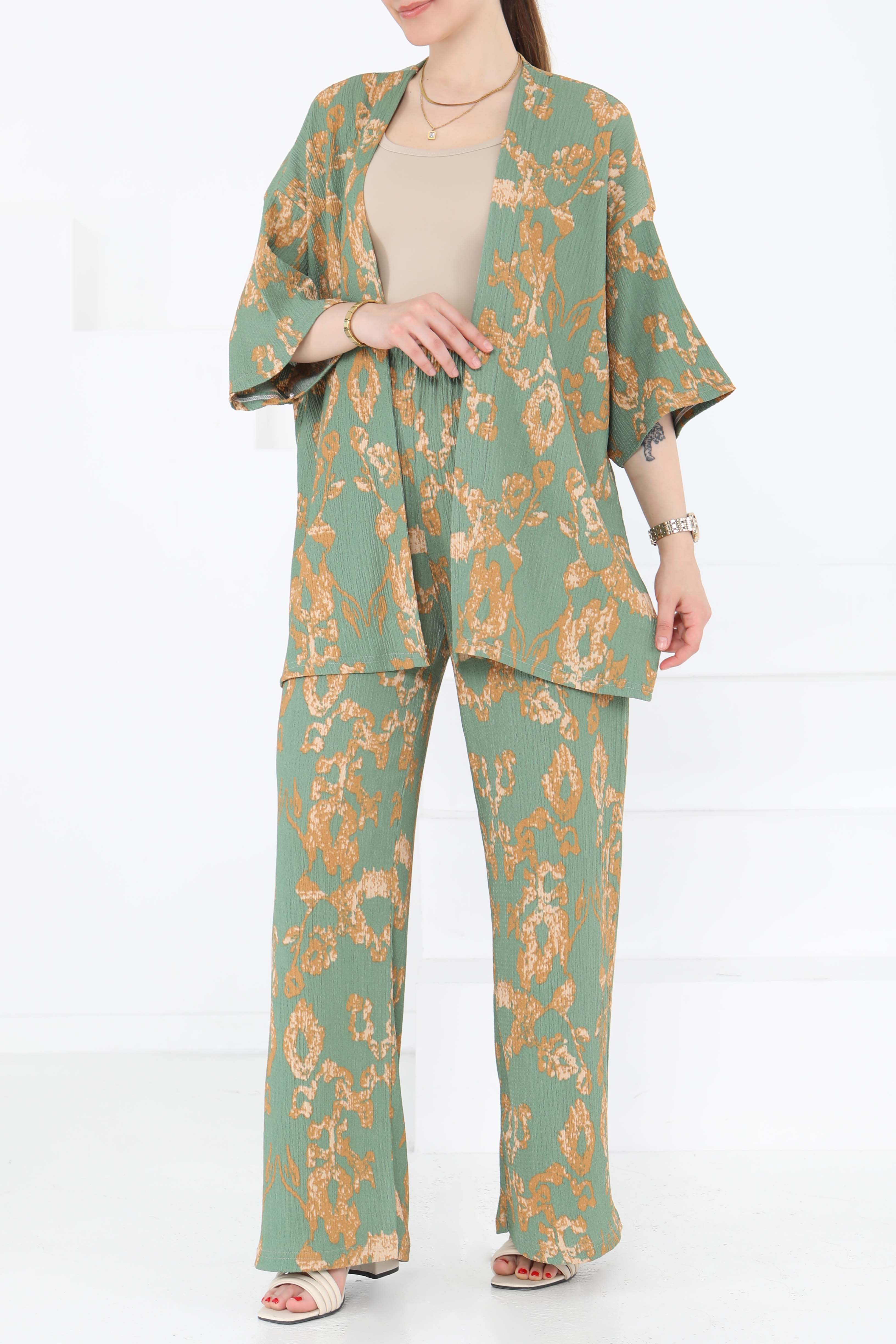 Desenli Kimono Takım - 27287 - 3