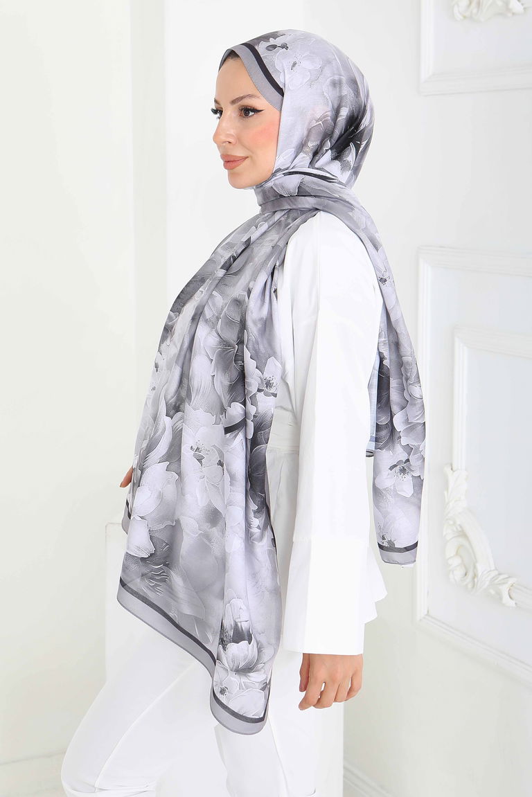 Floral Whisper Serisi Pamuk Şal - 27853-GRI - TOFİSA
