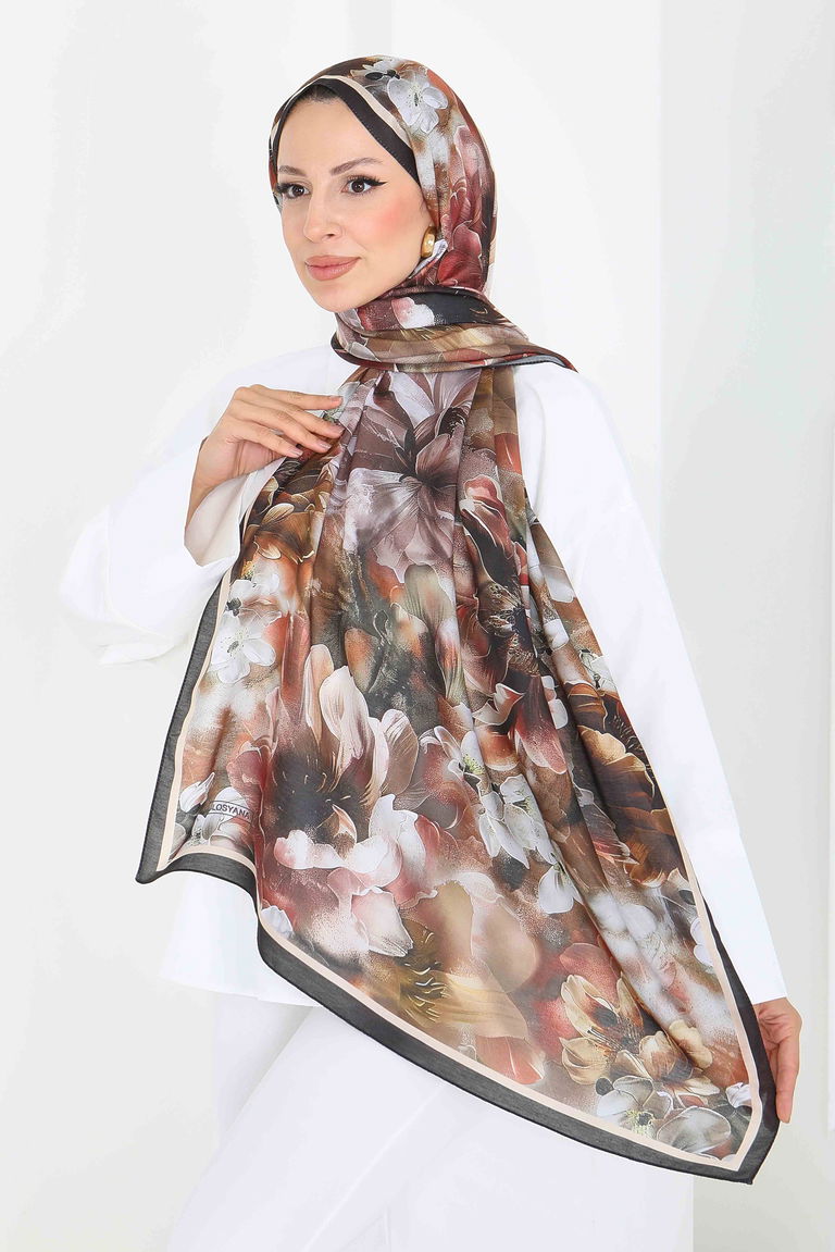 Floral Whisper Serisi Pamuk Şal - 27853-KAHVE - TOFİSA