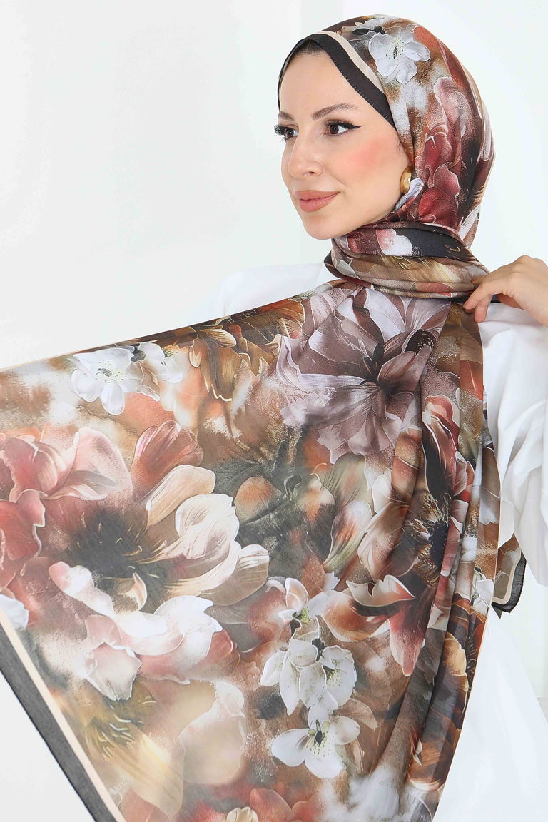 Floral Whisper Serisi Pamuk Şal - 27853-KAHVE - TOFİSA
