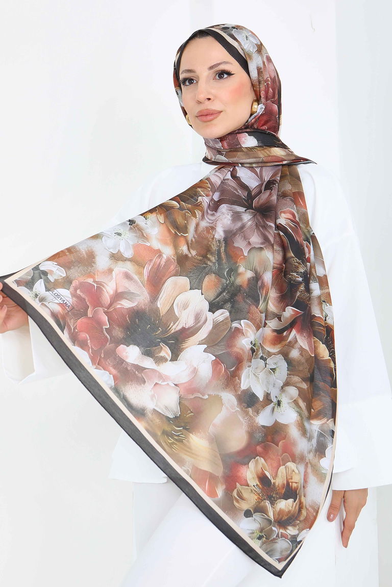 Floral Whisper Serisi Pamuk Şal - 27853-KAHVE - TOFİSA