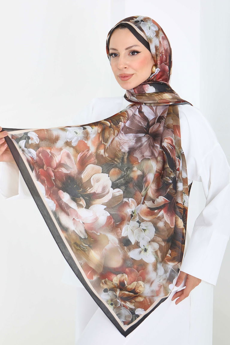 Floral Whisper Serisi Pamuk Şal - 27853-KAHVE - TOFİSA