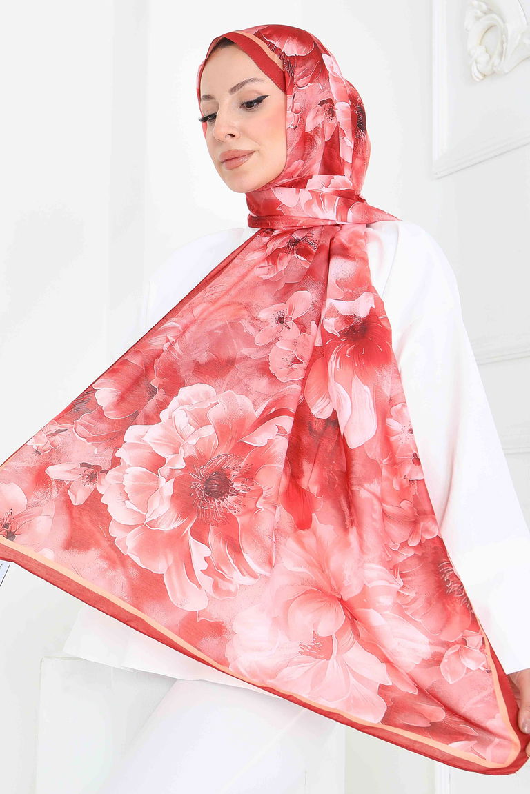 Floral Whisper Serisi Pamuk Şal - 27853-MERCAN - TOFİSA