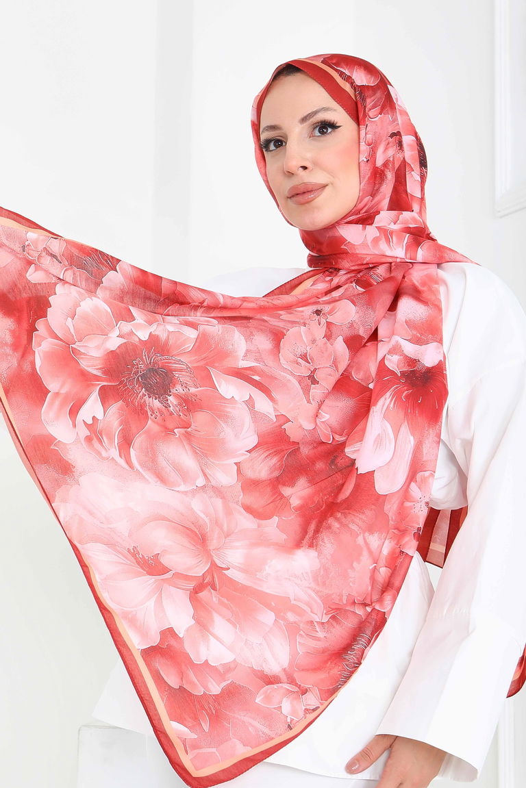 Floral Whisper Serisi Pamuk Şal - 27853-MERCAN - TOFİSA